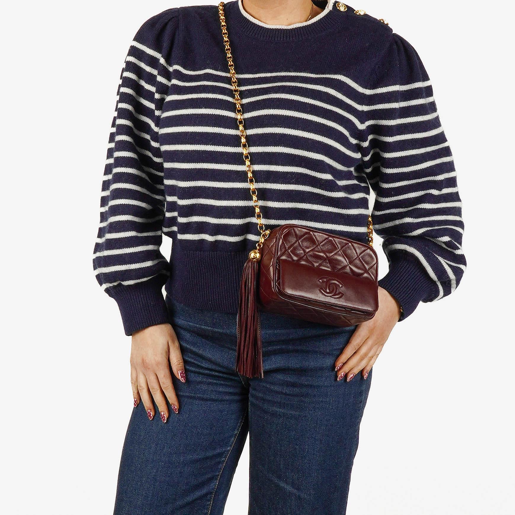 Chanel Vintage CC Burgundy Quilted Lambskin Camera Tassel Bag