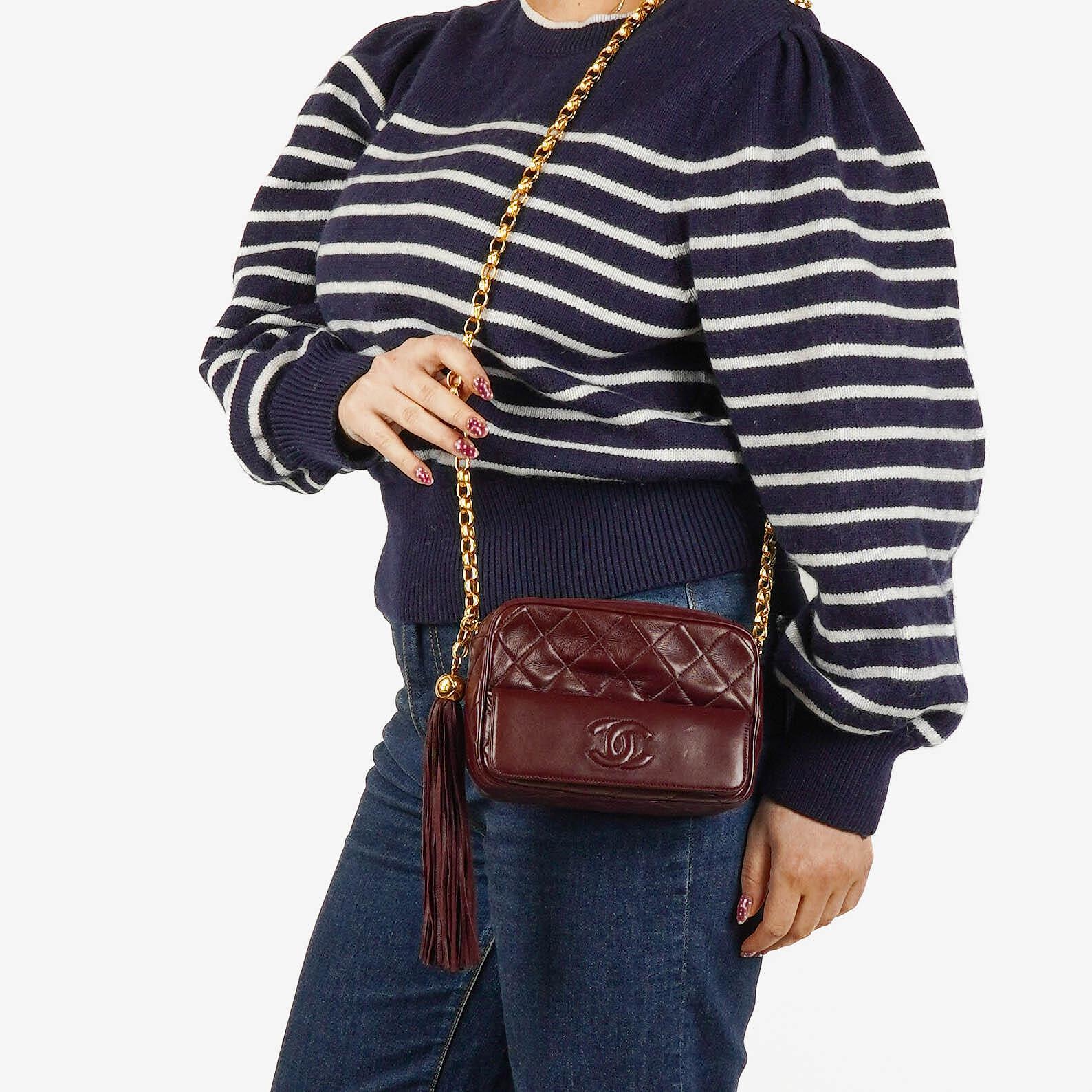 Chanel Vintage CC Burgundy Quilted Lambskin Camera Tassel Bag