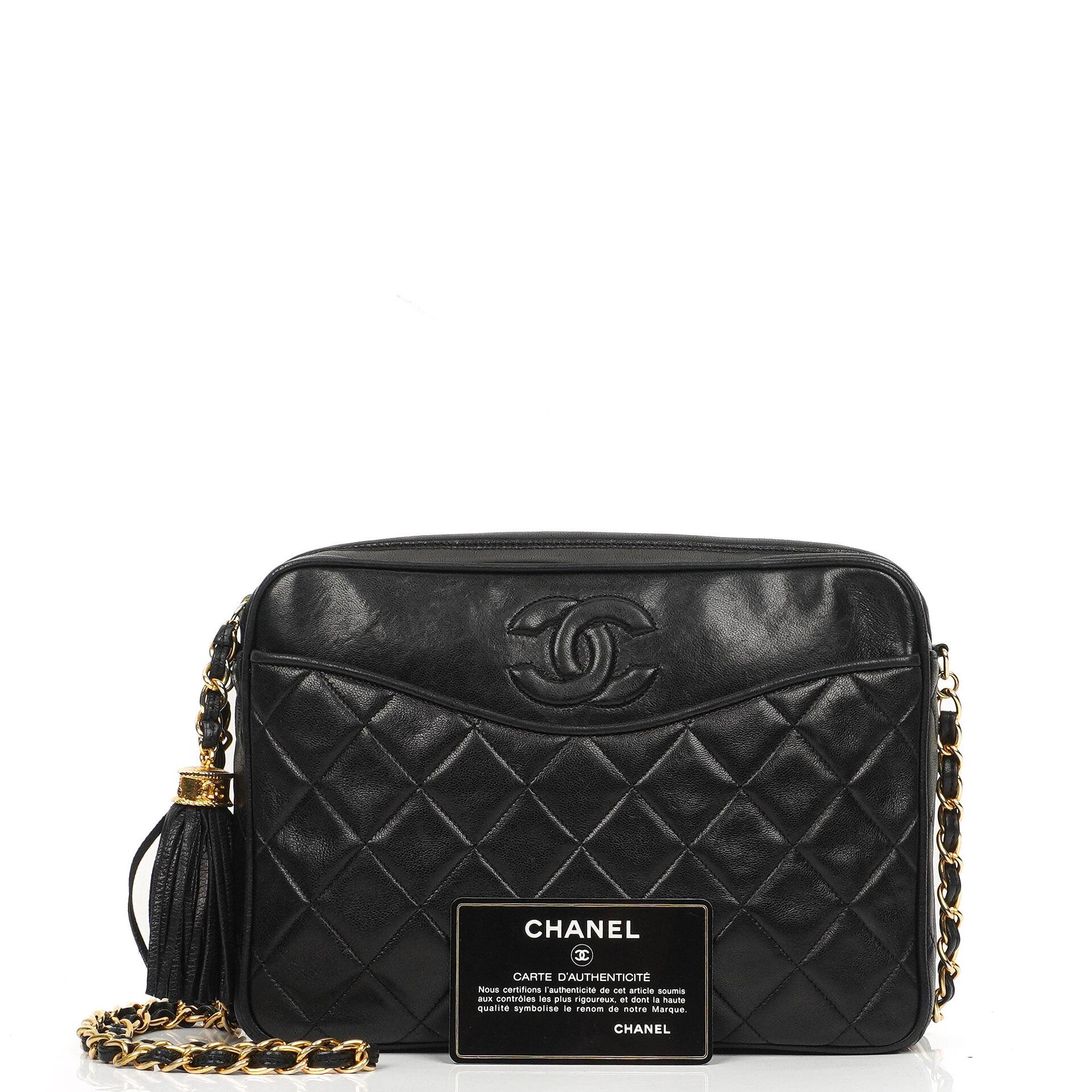Chanel Vintage CC Tassel Camera Bag In Black Quilted Lambskin With Gold Hardware