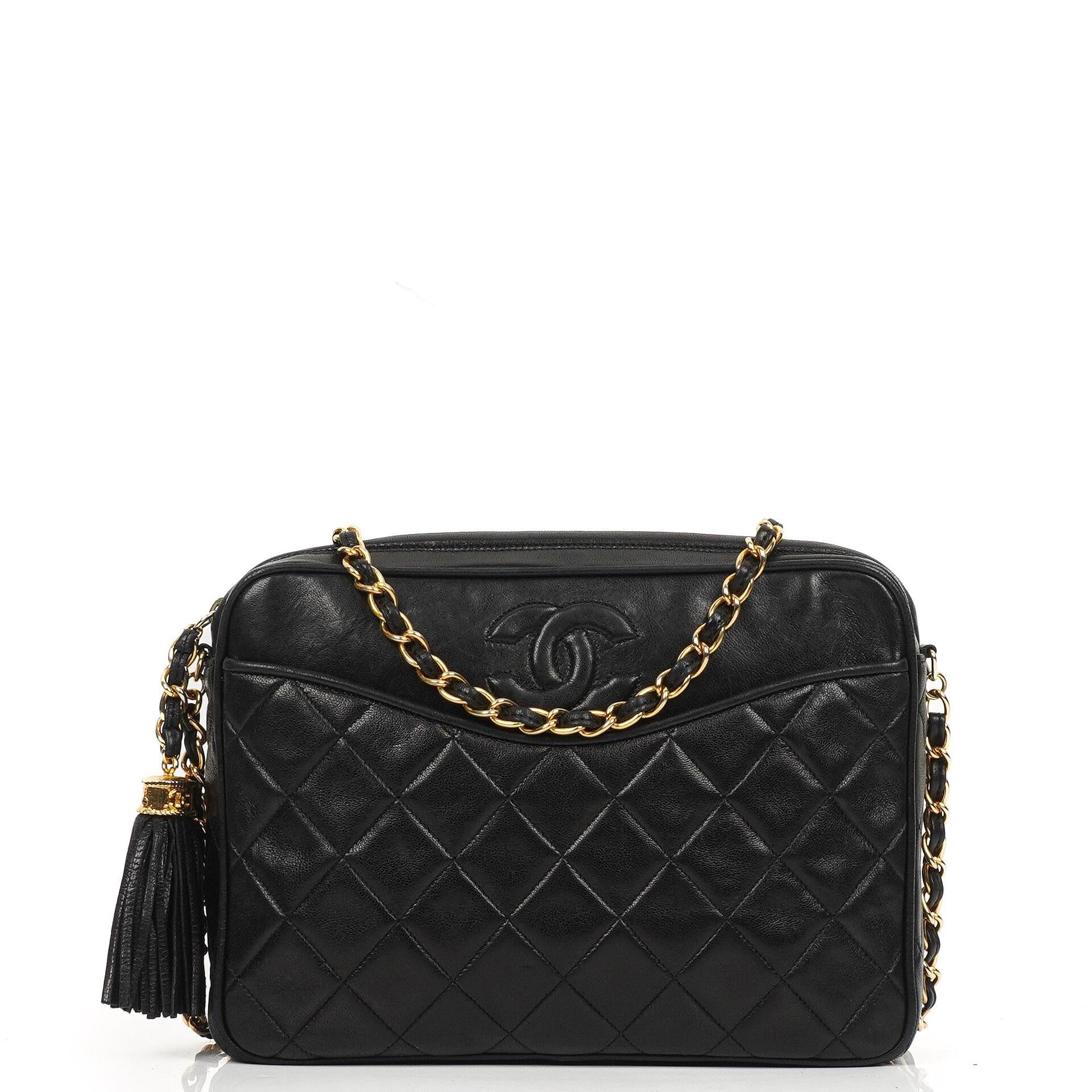 Chanel Vintage CC Tassel Camera Bag In Black Quilted Lambskin With Gold Hardware