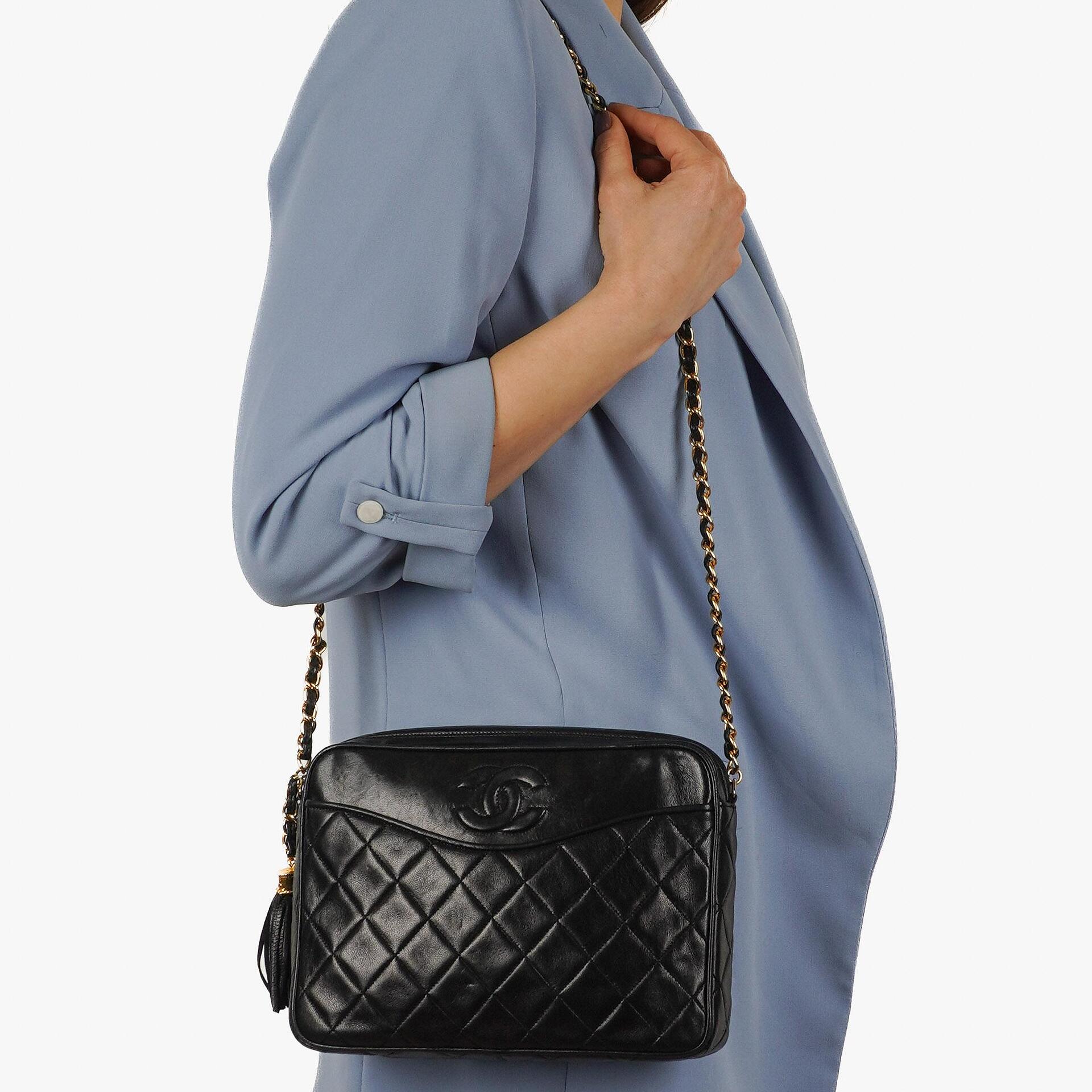 Chanel Vintage CC Tassel Camera Bag In Black Quilted Lambskin With Gold Hardware