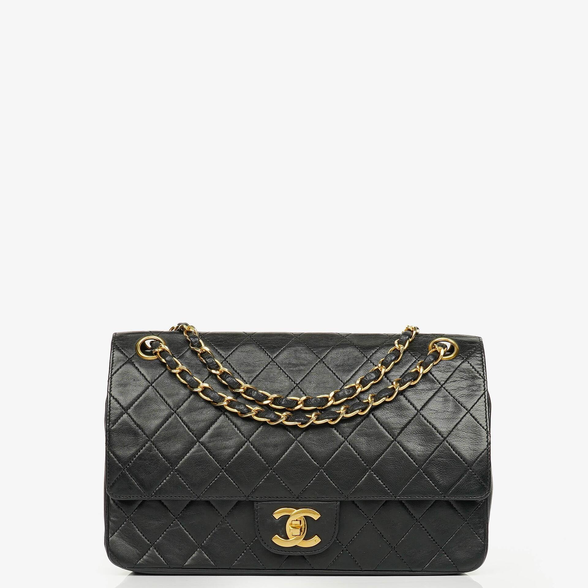 Chanel Vintage Classic Double Flap Bag in Quilted Black Lambskin with 24K Gold-Plated Hardware