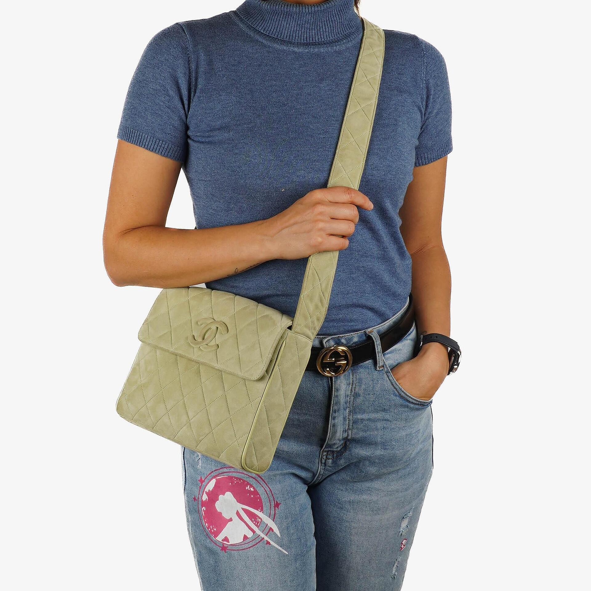 Chanel Vintage Crossbody Flap Bag Light Green Quilted Suede