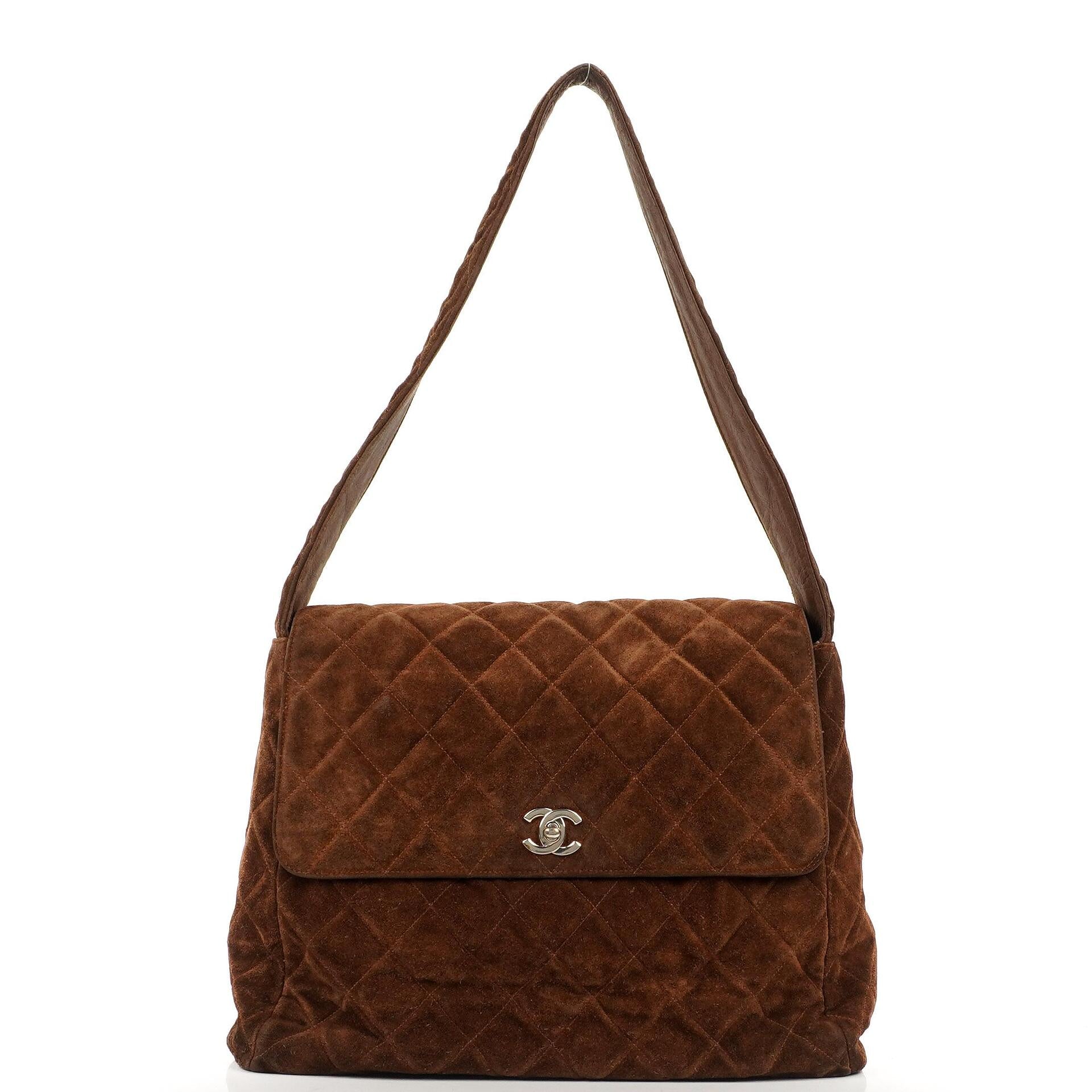Chanel Vintage Flap Bag Brown Quilted Suede With Silver-Tone Hardware