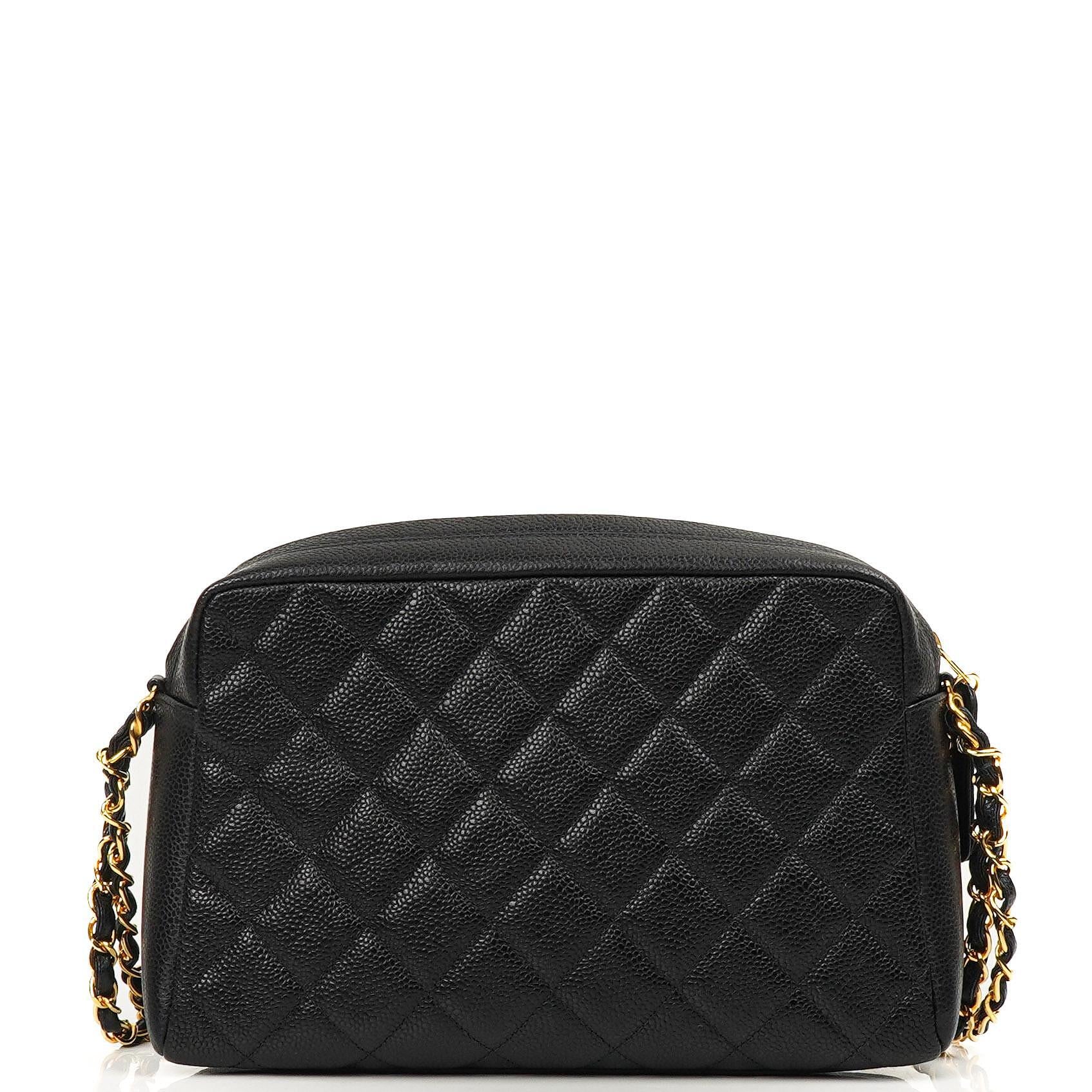 Chanel Vintage Front Pocket Camera Bag Black Quilted Caviar Leather With 24K Gold-Plated Hardware