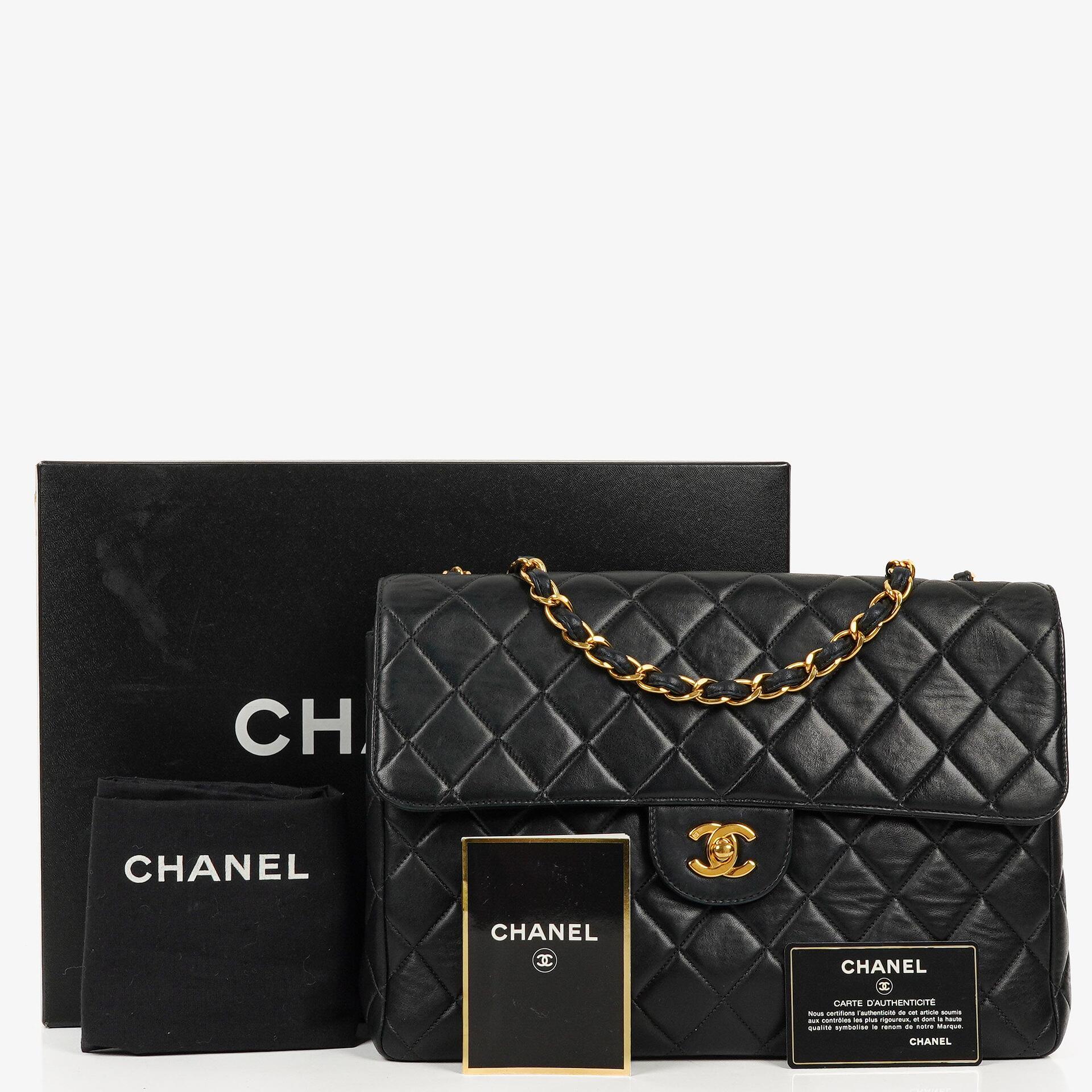 Chanel Vintage Jumbo Classic Single Flap Bag Black Quilted Lambskin With 24K Gold-Plated Hardware, 1996-1997