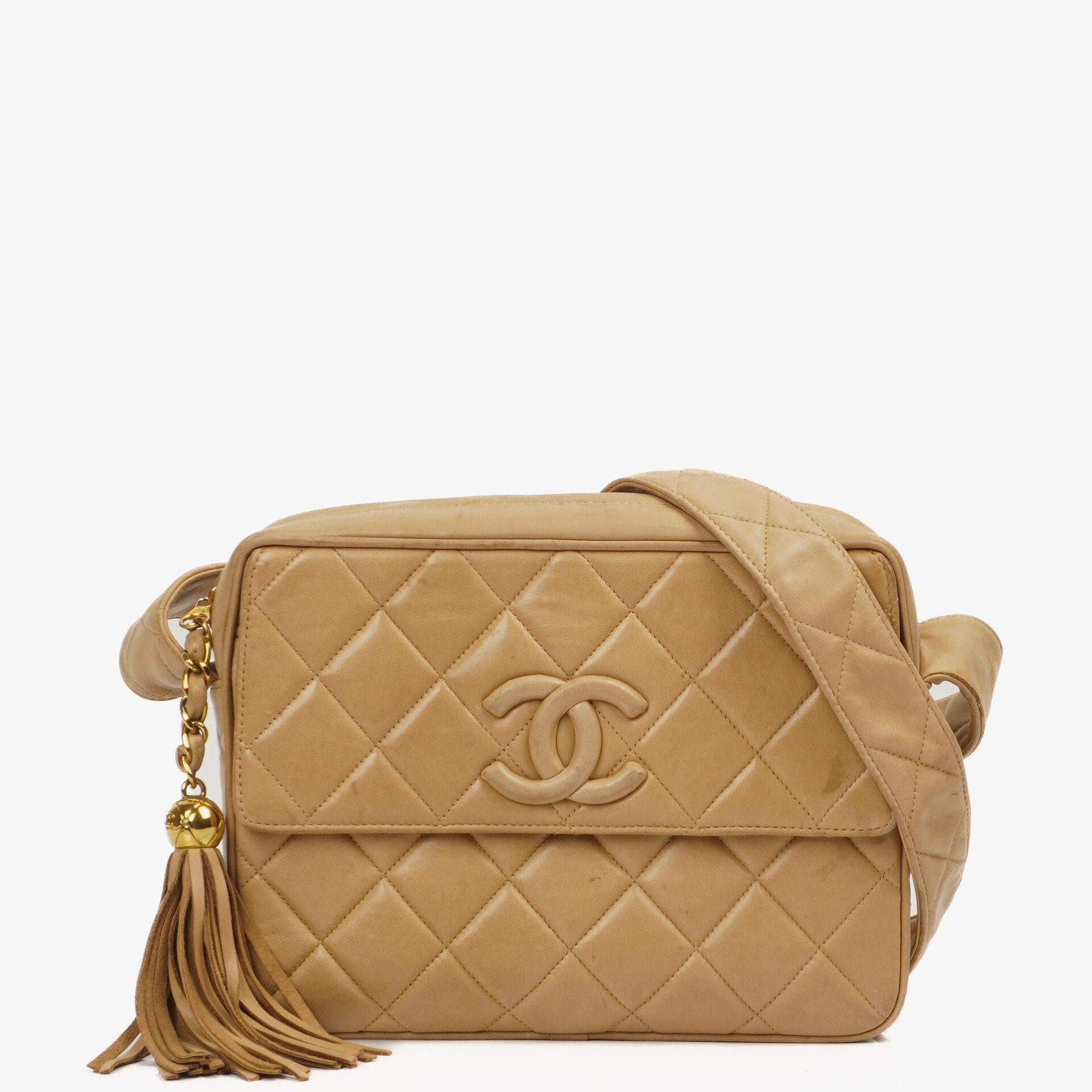 Chanel Vintage Medium Camera Tassel CC Front Flap Pocket Bag In Beige Quilted Lambskin