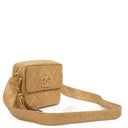 Chanel Vintage Medium Camera Tassel CC Front Flap Pocket Bag In Beige Quilted Lambskin