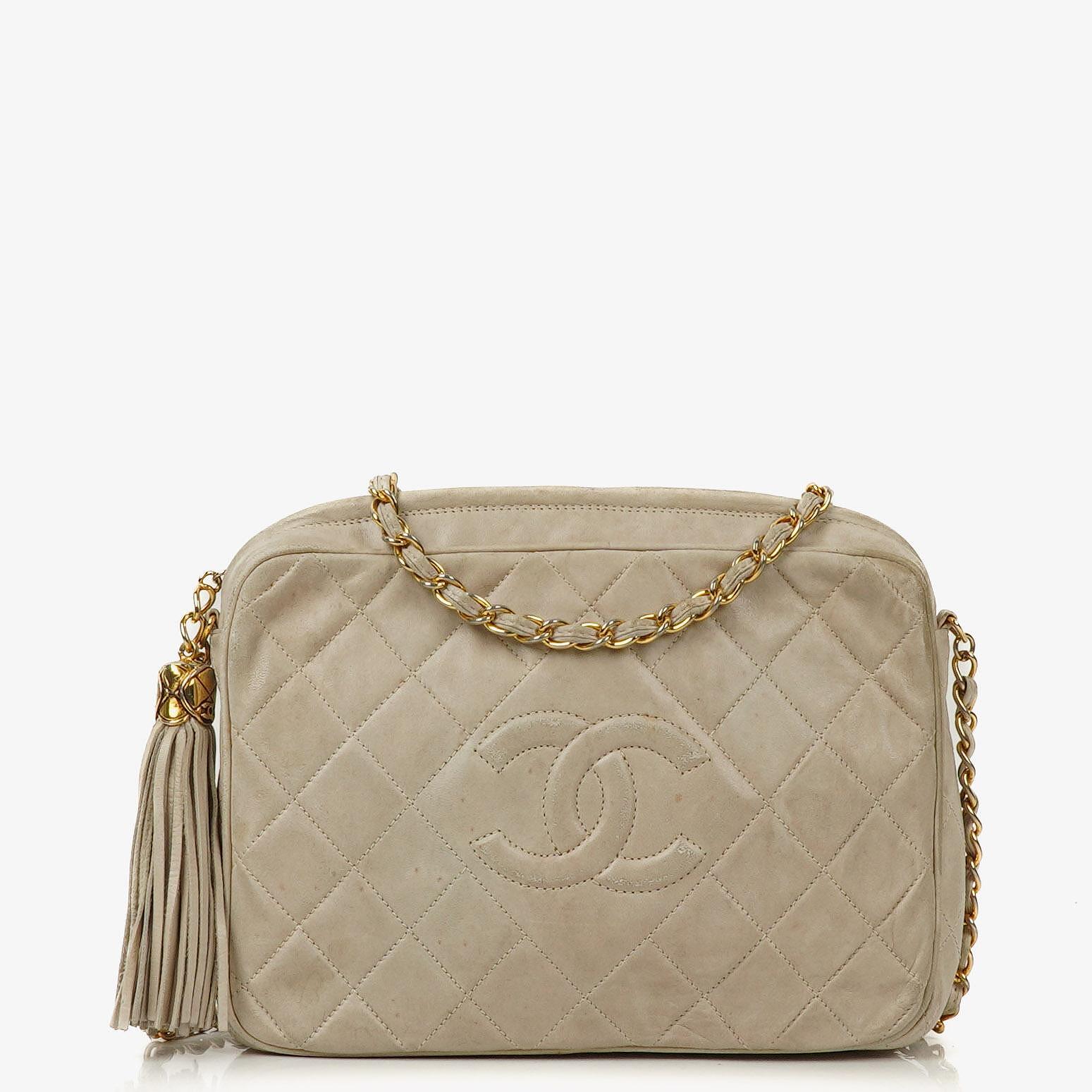Chanel Vintage Medium CC Neutral Quilted Lambskin Camera Tassel Bag