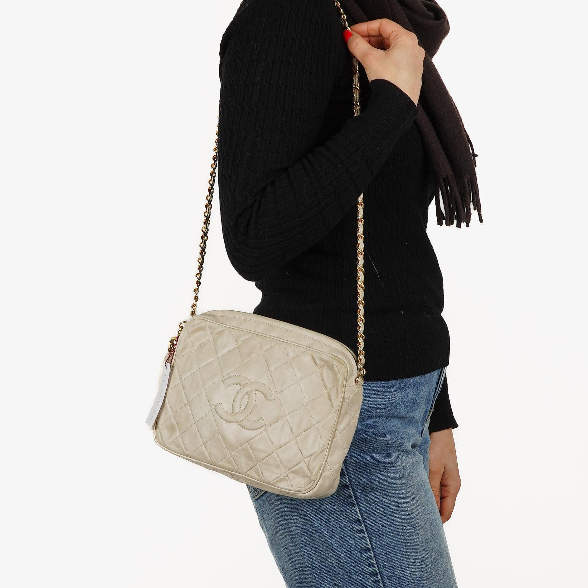 Chanel Vintage Medium CC Neutral Quilted Lambskin Camera Tassel Bag