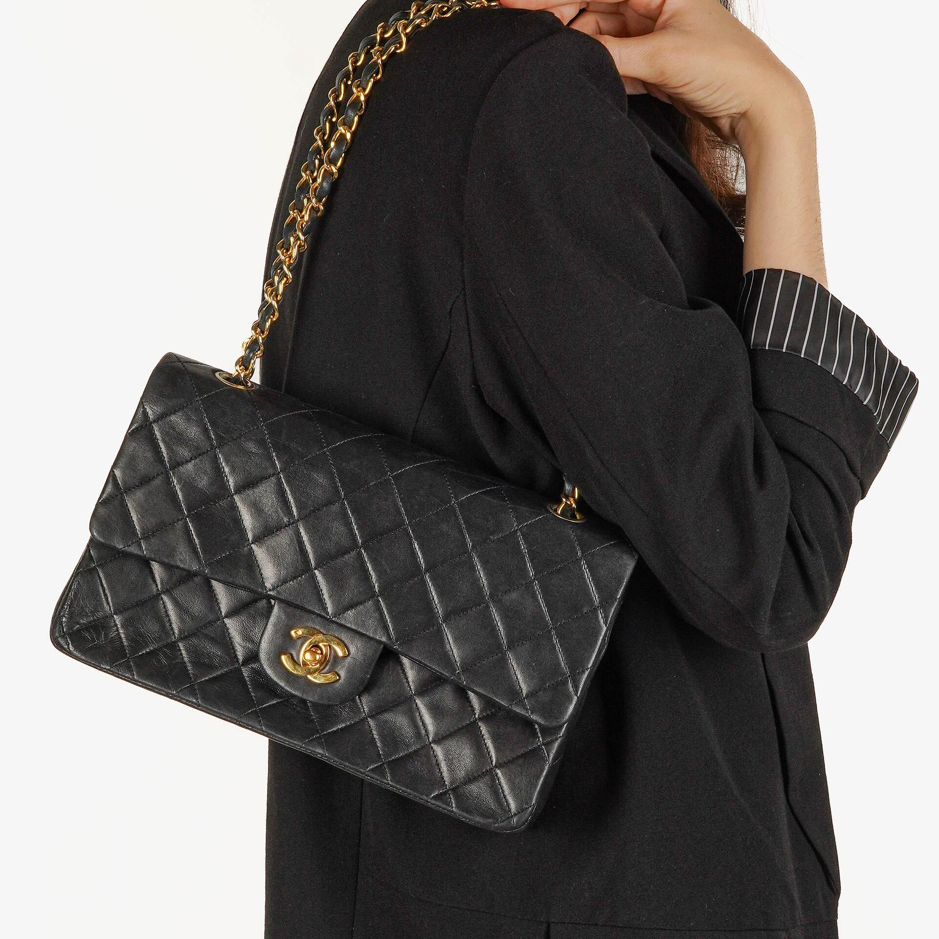 Chanel Vintage Medium Classic Double Flap Bag Black Quilted Lambskin 24K Gold-Plated Hardware