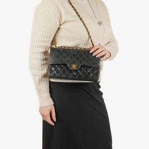 Chanel Vintage Medium Classic Double Flap Bag Black Quilted Lambskin 24K Gold-Plated Hardware