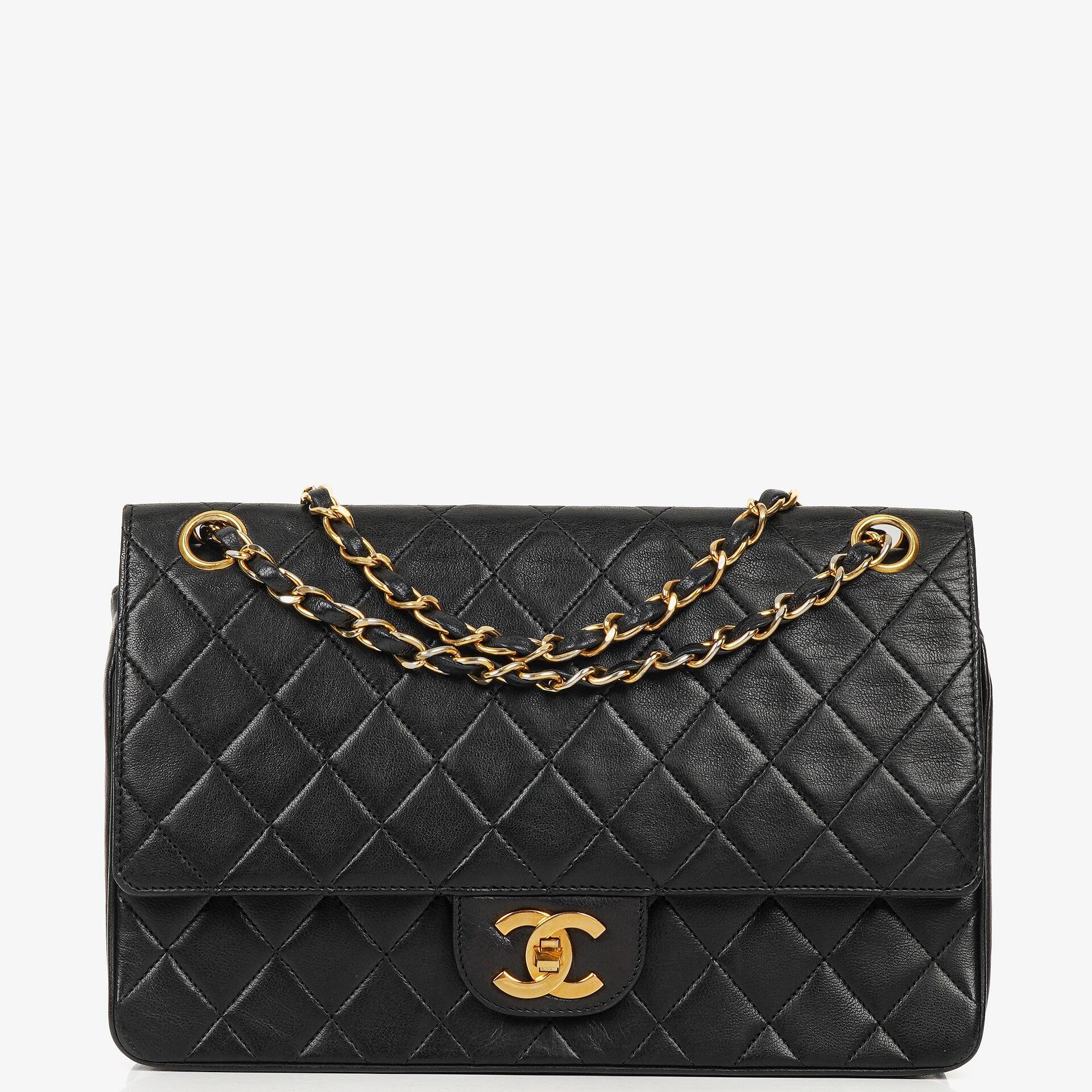 Chanel Vintage Medium Classic Double Flap Bag Black Quilted Lambskin With 24K Gold-Plated Hardware, 1986-1988