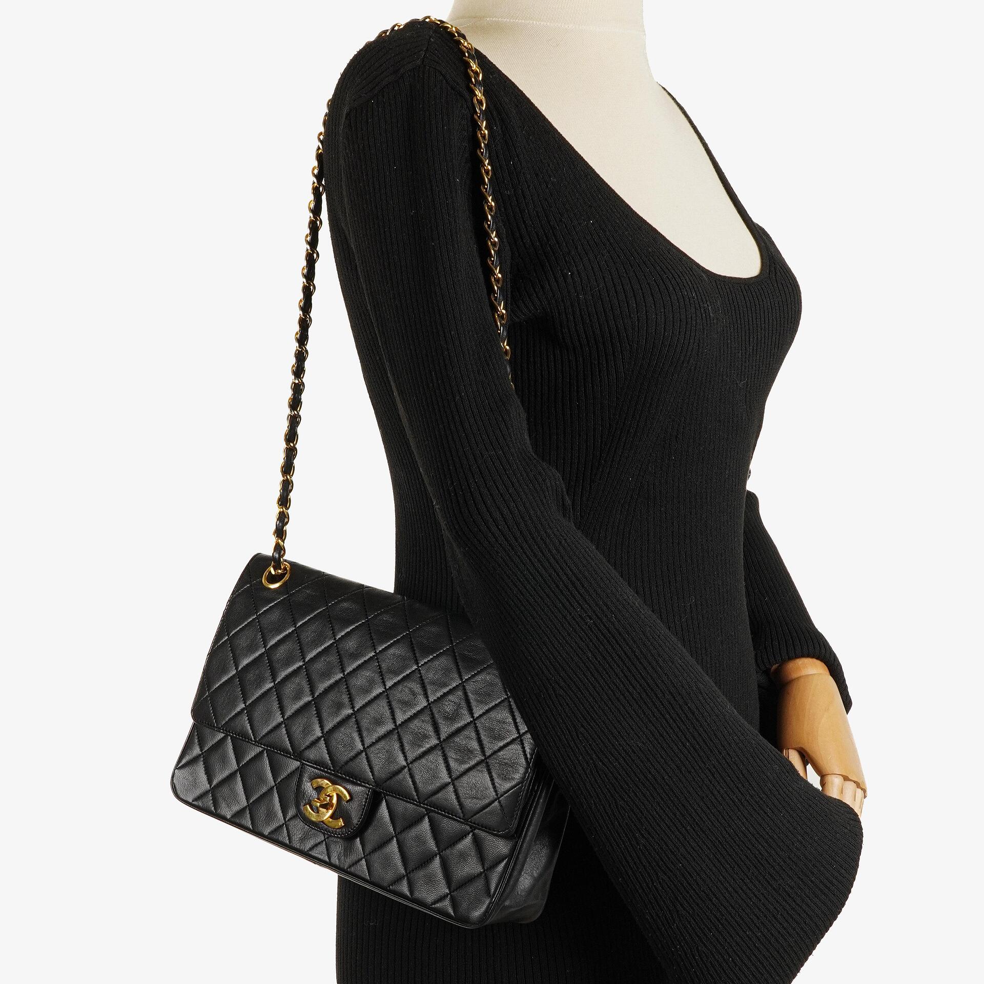 Chanel Vintage Medium Classic Double Flap Bag Black Quilted Lambskin With 24K Gold-Plated Hardware, 1986-1988