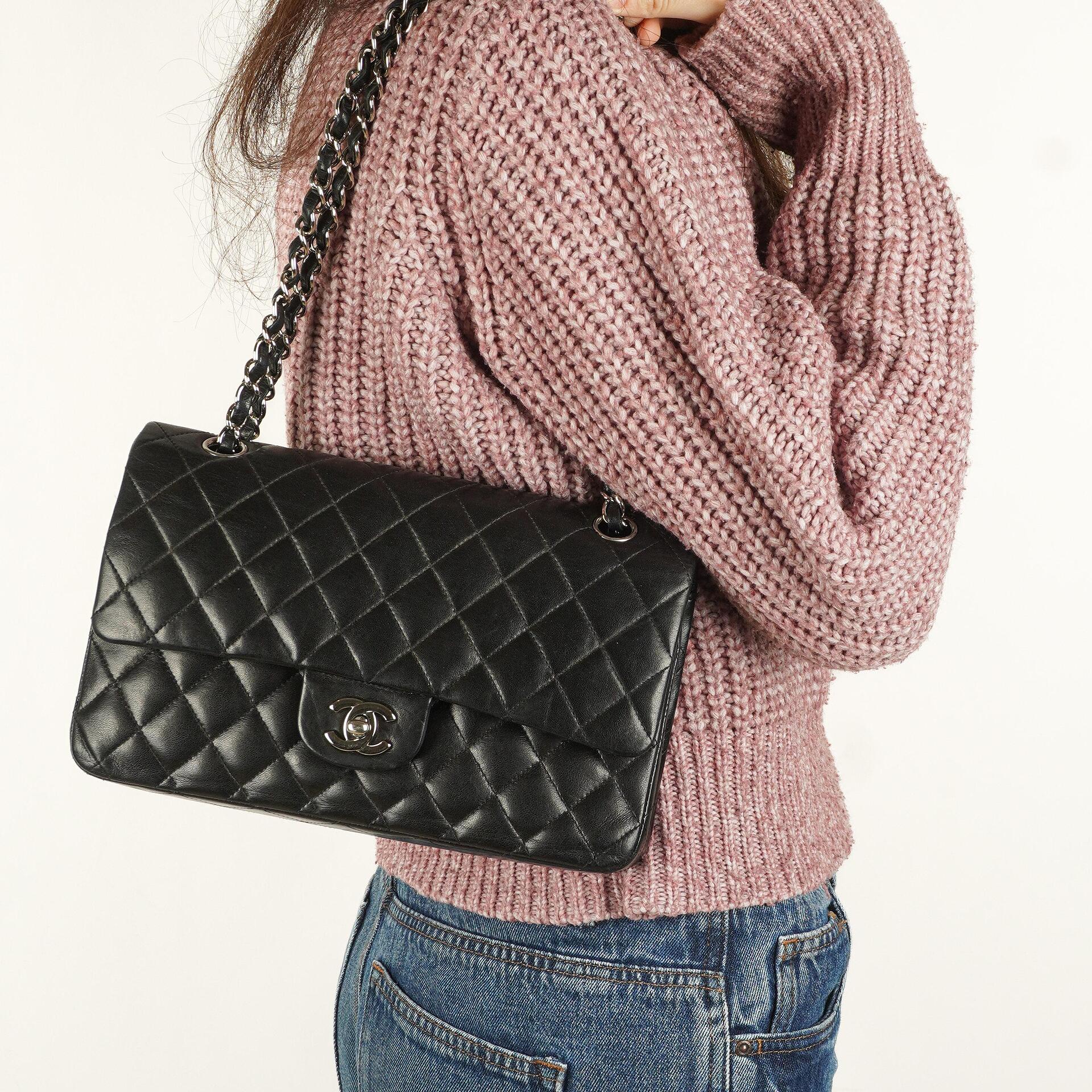 Chanel Vintage Medium Classic Double Flap Bag Black Quilted Lambskin With Silver-Tone Hardware