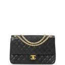 Chanel Vintage Timeless Classic Medium Double Flap Bag In Black Quilted Lambskin With 24K Gold-Plated Hardware And Mademoiselle Chain