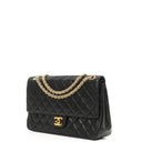 Chanel Vintage Timeless Classic Medium Double Flap Bag In Black Quilted Lambskin With 24K Gold-Plated Hardware And Mademoiselle Chain