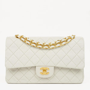 Chanel Vintage Medium Classic Double Flap Bag White Quilted Lambskin 24K Gold-Plated Hardware