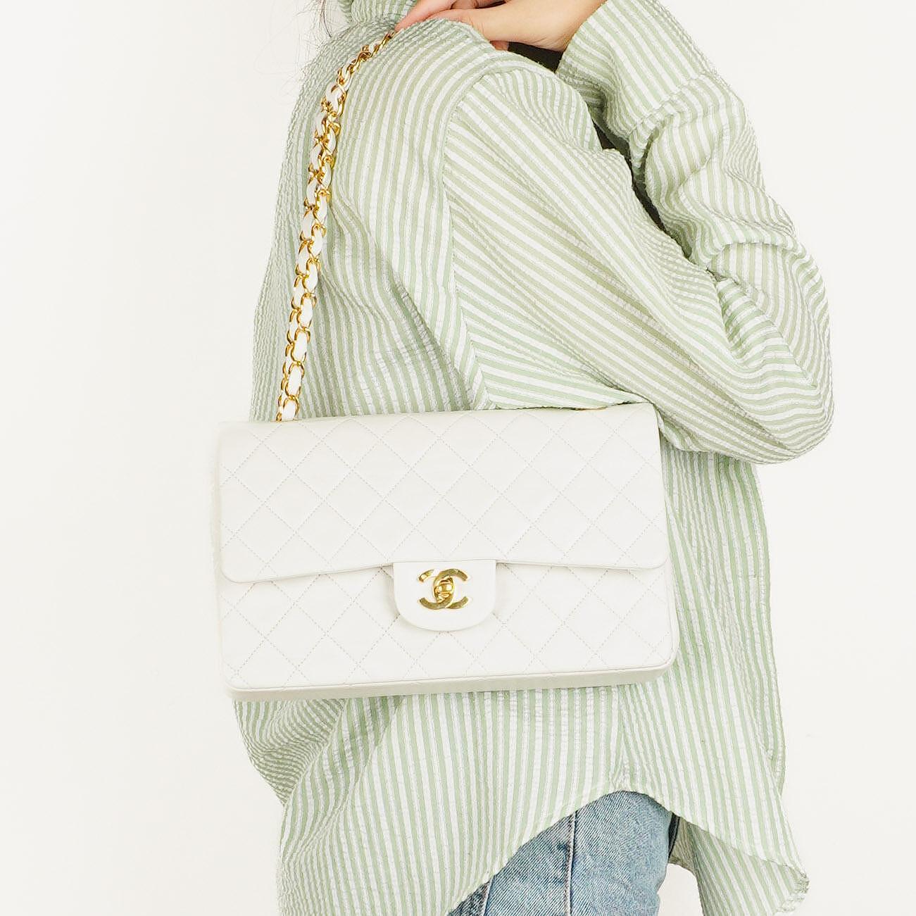 Chanel Vintage Medium Classic Double Flap Bag White Quilted Lambskin 24K Gold-Plated Hardware