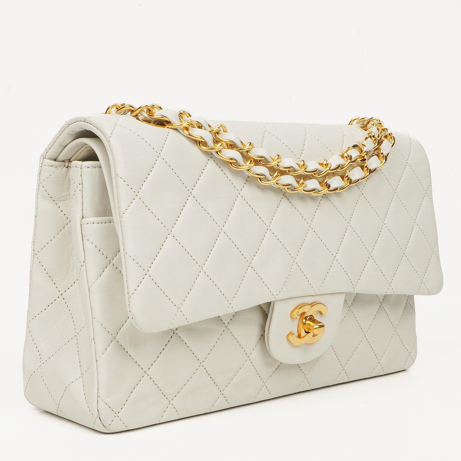 Chanel Vintage Medium Classic Double Flap Bag White Quilted Lambskin 24K Gold-Plated Hardware