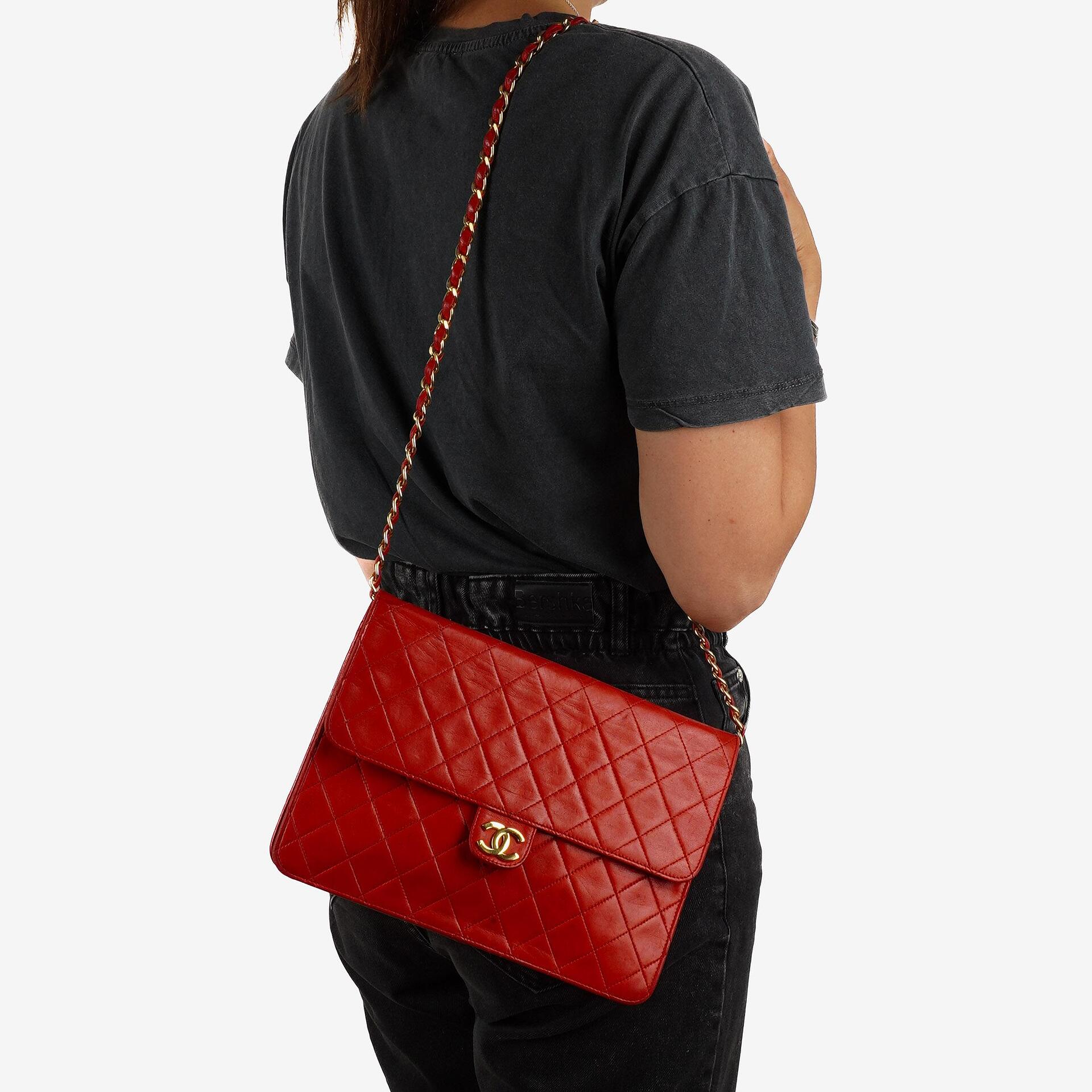 Chanel Vintage Medium Classic Red Quilted Lambskin Single Flap Bag With 24K Gold-Plated Hardware