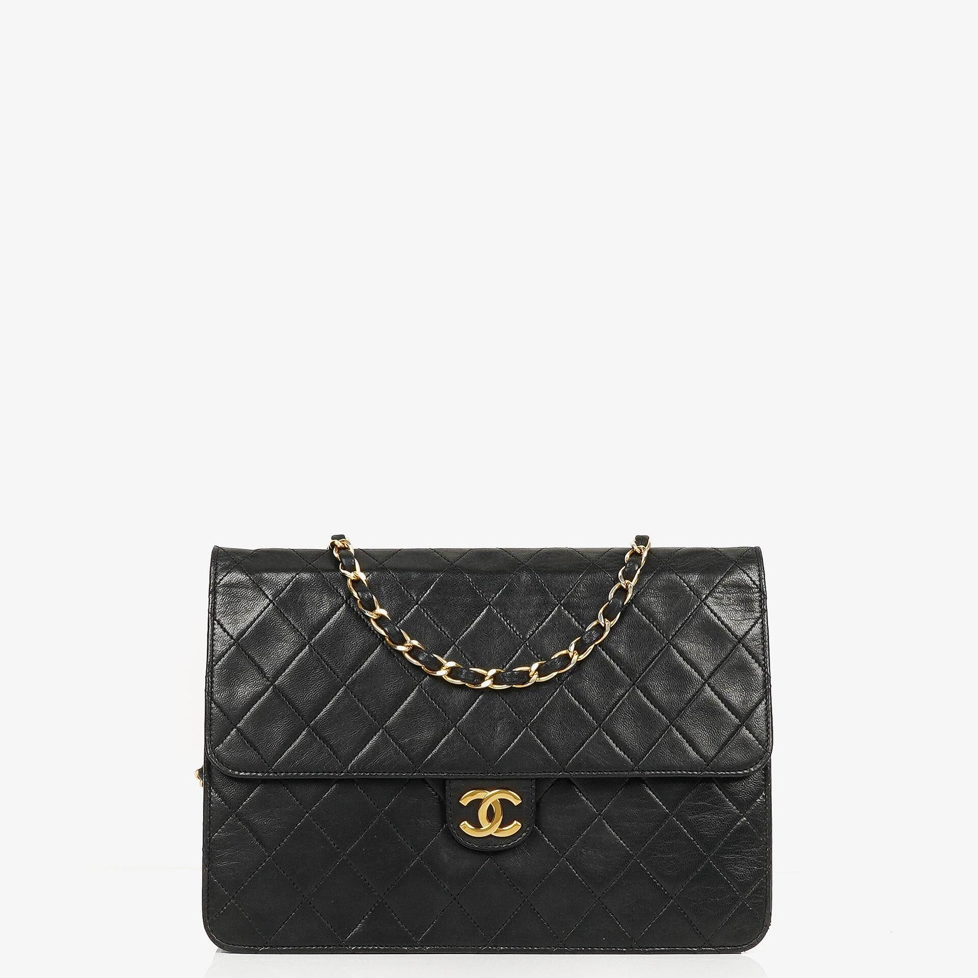 Chanel Vintage Medium Classic Single Flap Bag Black Quilted Lambskin With 24K Gold-Plated Hardware