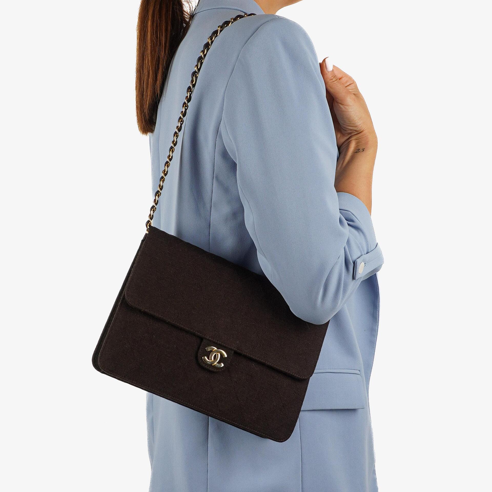 Chanel Vintage Medium Classic Single Flap Bag Brown Quilted Jersey With Gold-Tone Hardware