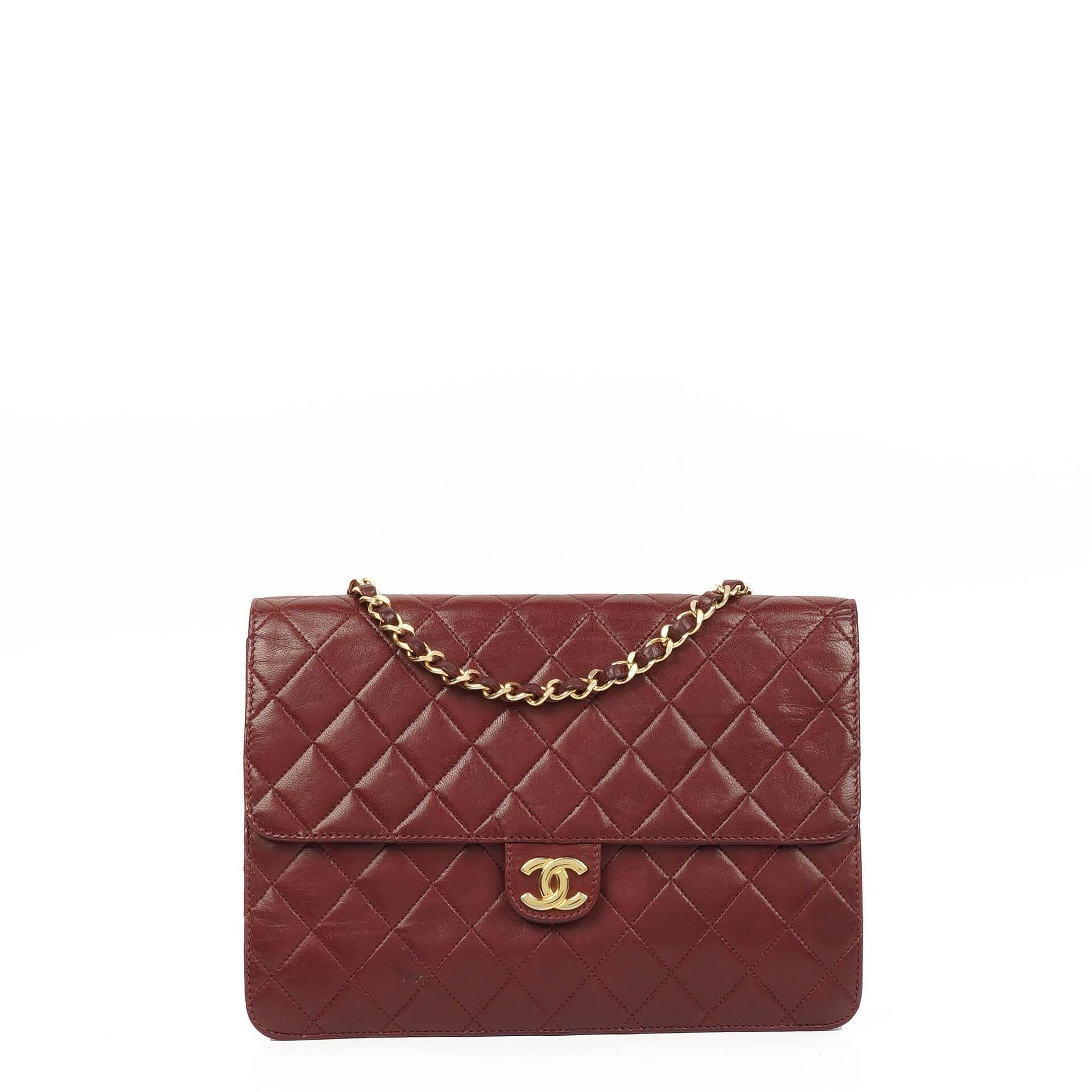 Chanel Vintage Medium Classic Single Flap Bag Burgundy Quilted Lambskin With Gold-Tone Hardware