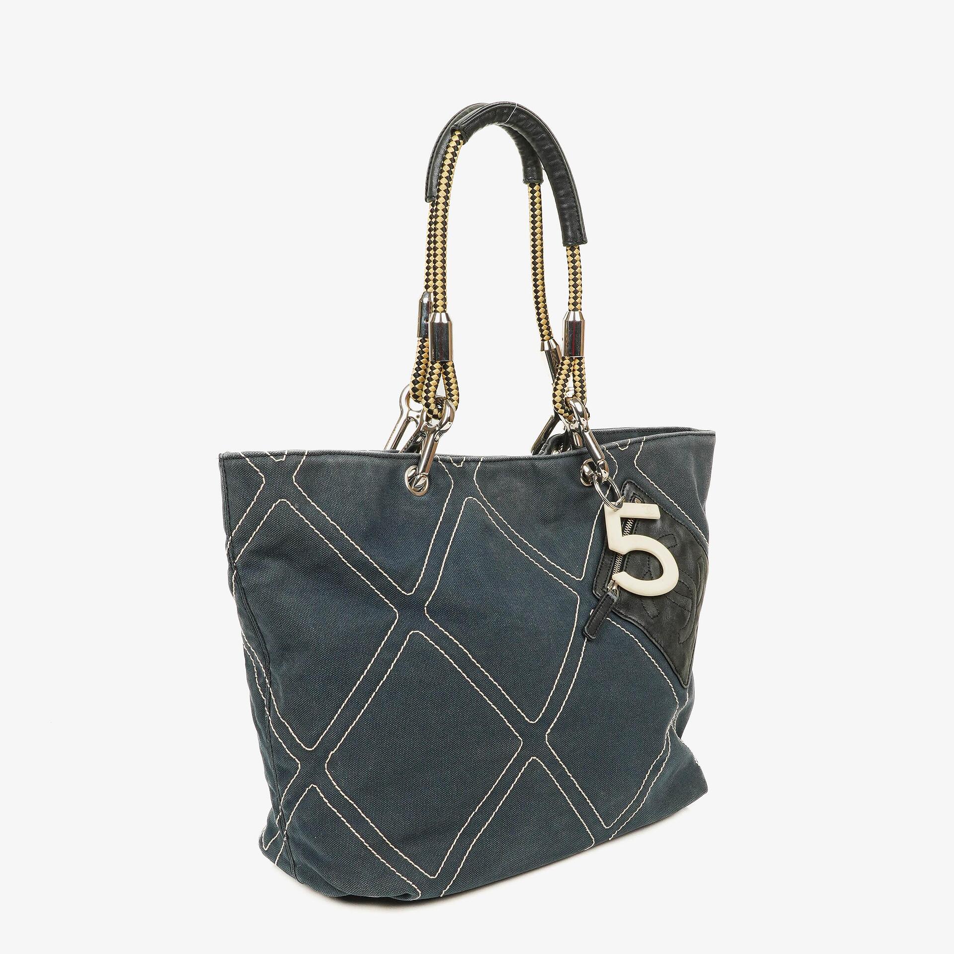Chanel Vintage Medium Cruise Line No.5 Navy Quilted Canvas Tote Bag