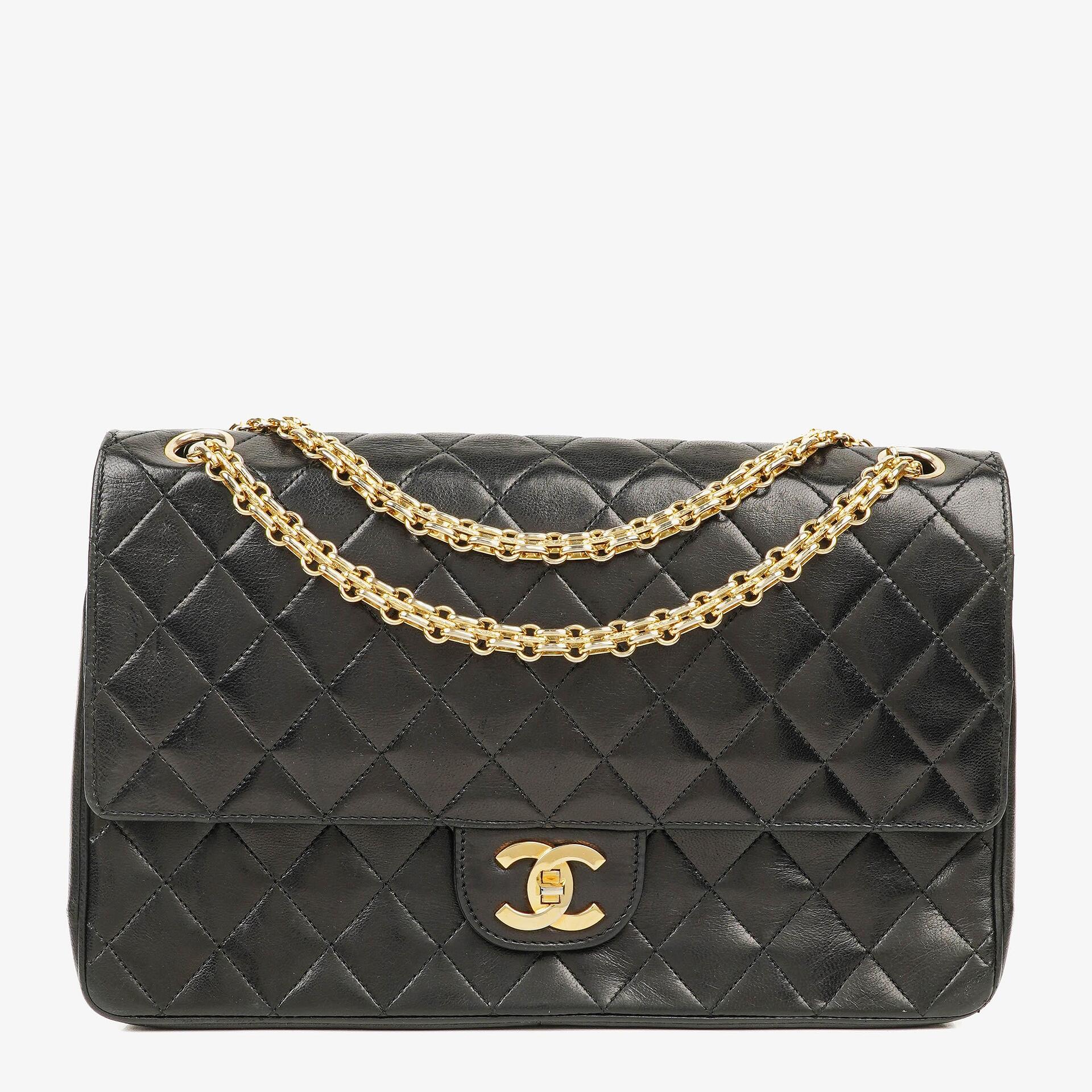Chanel Vintage Medium Timeless Classic Double Flap Bag Black Quilted Lambskin 24K Gold-Plated Hardware And Mademoiselle Chain