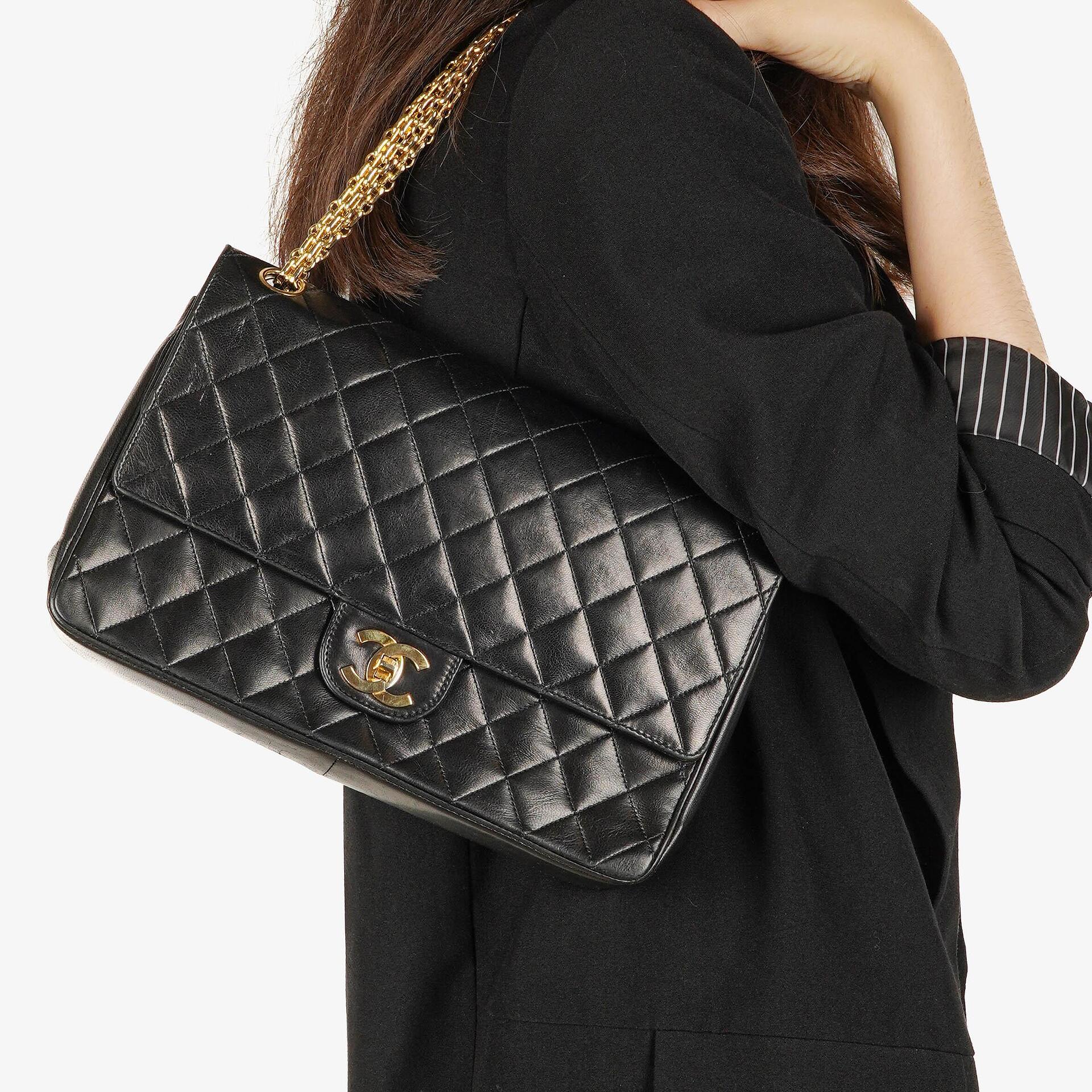 Chanel Vintage Medium Timeless Classic Double Flap Bag Black Quilted Lambskin 24K Gold-Plated Hardware And Mademoiselle Chain