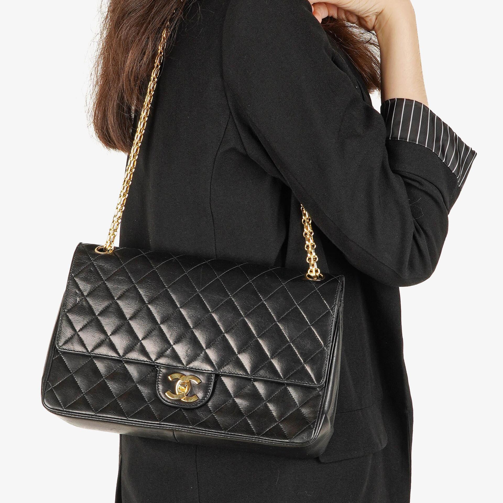 Chanel Vintage Medium Timeless Classic Double Flap Bag Black Quilted Lambskin 24K Gold-Plated Hardware And Mademoiselle Chain