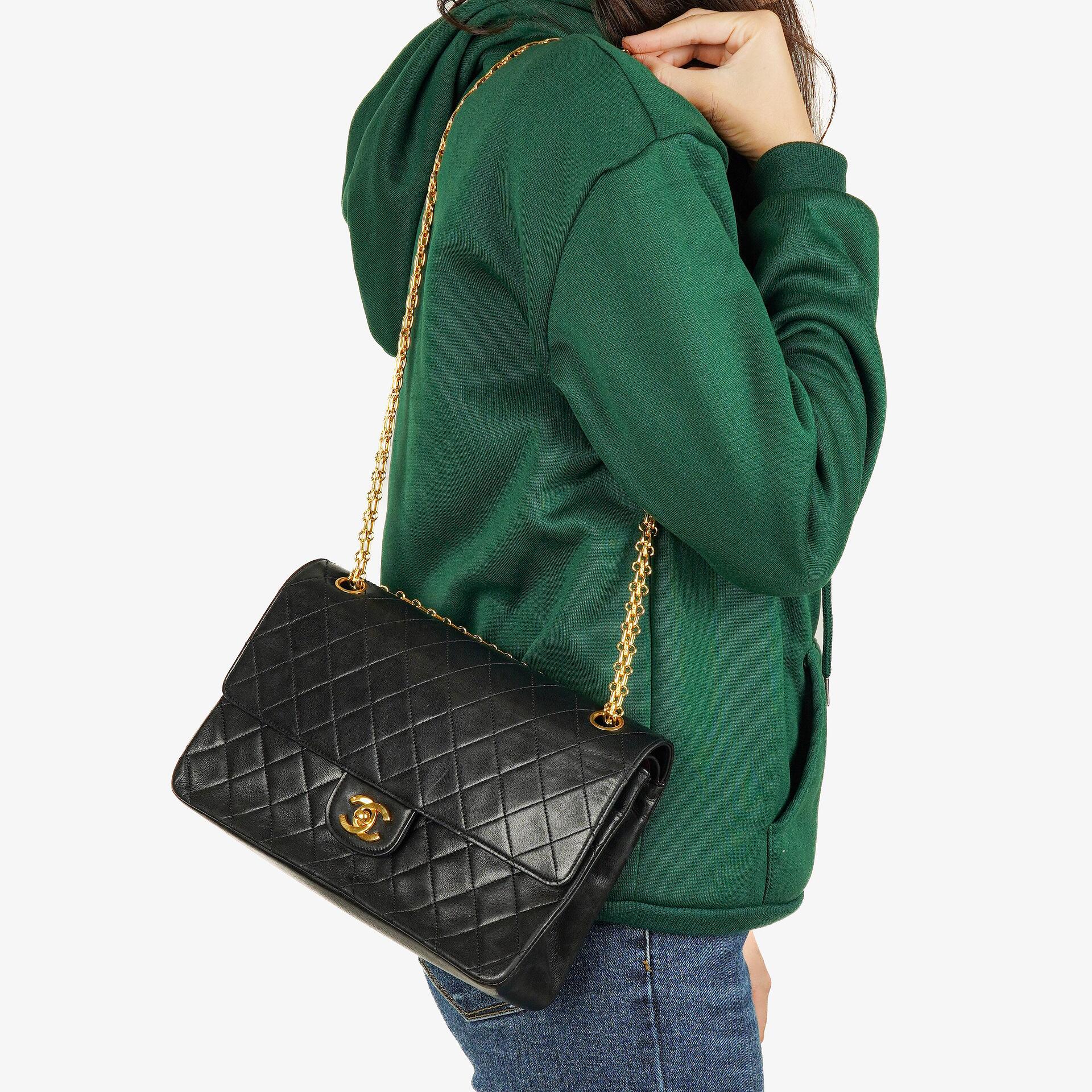 Chanel Vintage Medium Timeless Classic Double Flap Bag Black Quilted Lambskin 24K Gold-Plated Hardware And Mademoiselle Chain