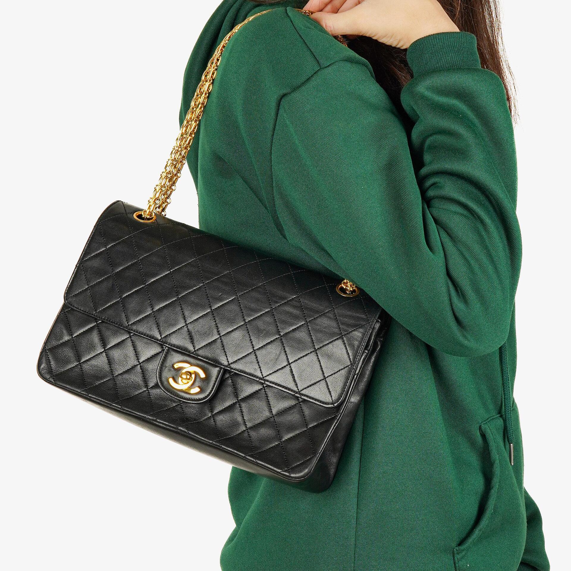 Chanel Vintage Medium Timeless Classic Double Flap Bag Black Quilted Lambskin 24K Gold-Plated Hardware And Mademoiselle Chain