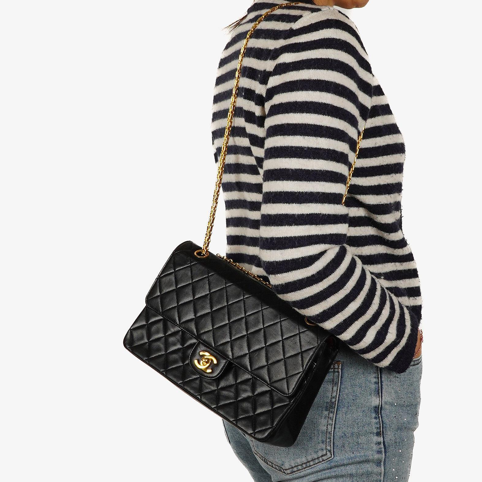 Chanel Vintage Medium Timeless Classic Double Flap Bag Black Quilted Lambskin 24K Gold-Plated Hardware And Mademoiselle Chain