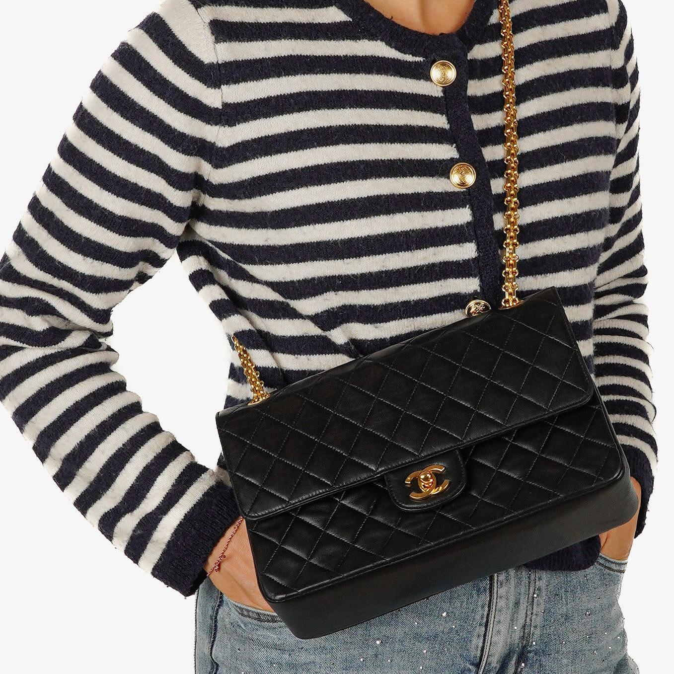 Chanel Vintage Medium Timeless Classic Double Flap Bag Black Quilted Lambskin 24K Gold-Plated Hardware And Mademoiselle Chain
