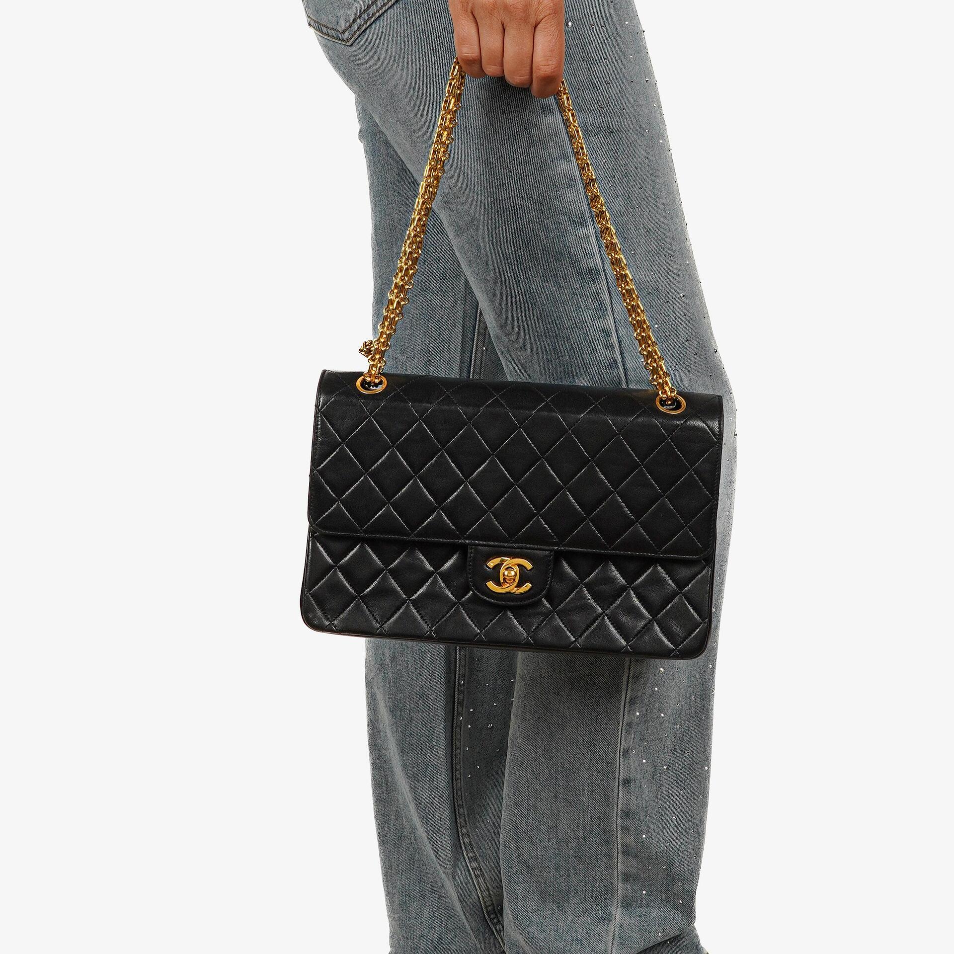 Chanel Vintage Medium Timeless Classic Double Flap Bag Black Quilted Lambskin 24K Gold-Plated Hardware And Mademoiselle Chain