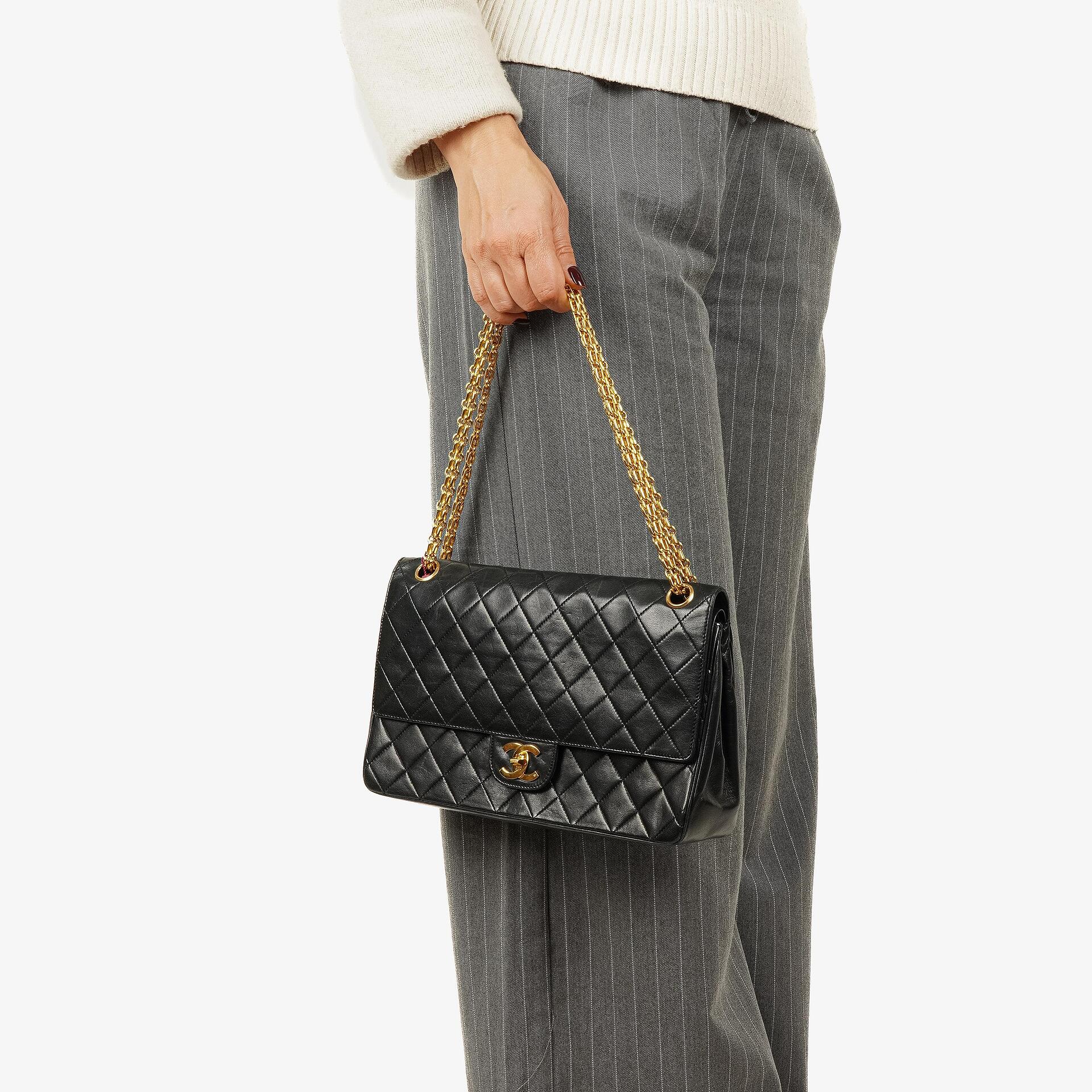 Chanel Vintage Medium Timeless Classic Double Flap Bag Black Quilted Lambskin 24K Gold-Plated Hardware And Mademoiselle Chain