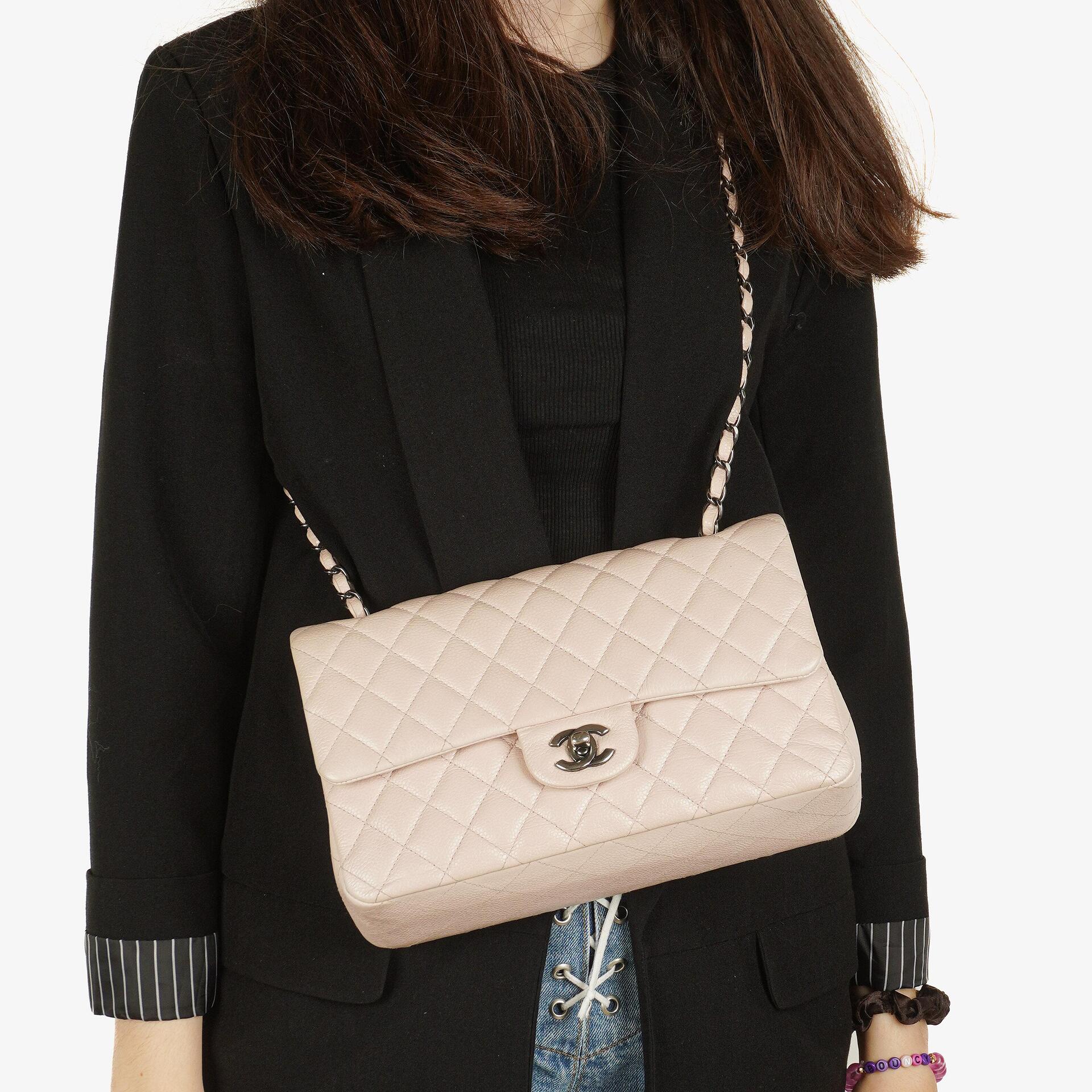 Chanel   Medium Timeless Classic Double Flap Bag Ivory Caviar Quilted Lambskin Silver Plated Hardware