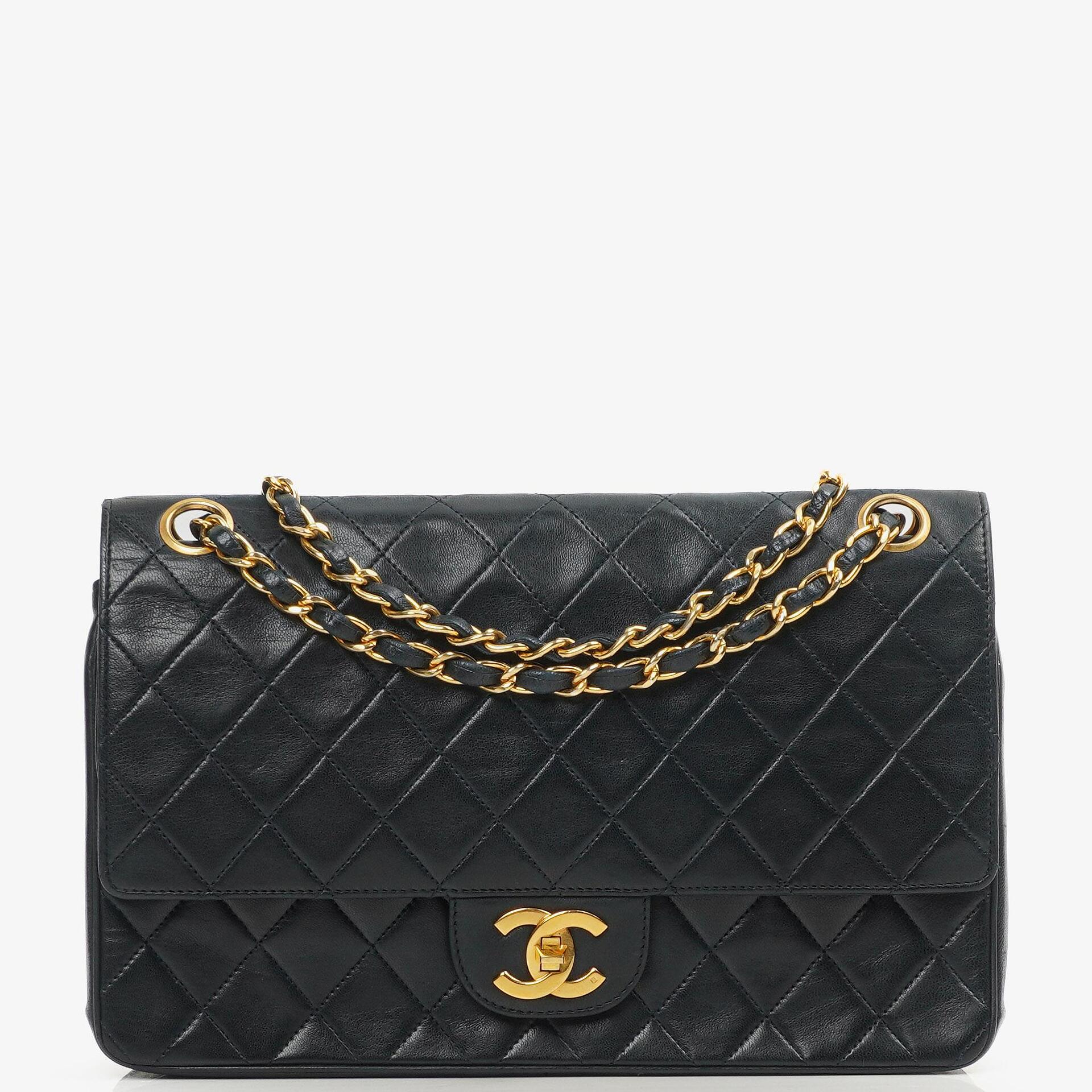 Chanel Vintage Medium Timeless Classic Double Flap Bag Navy Quilted Lambskin With 24K Gold-Plated Hardware