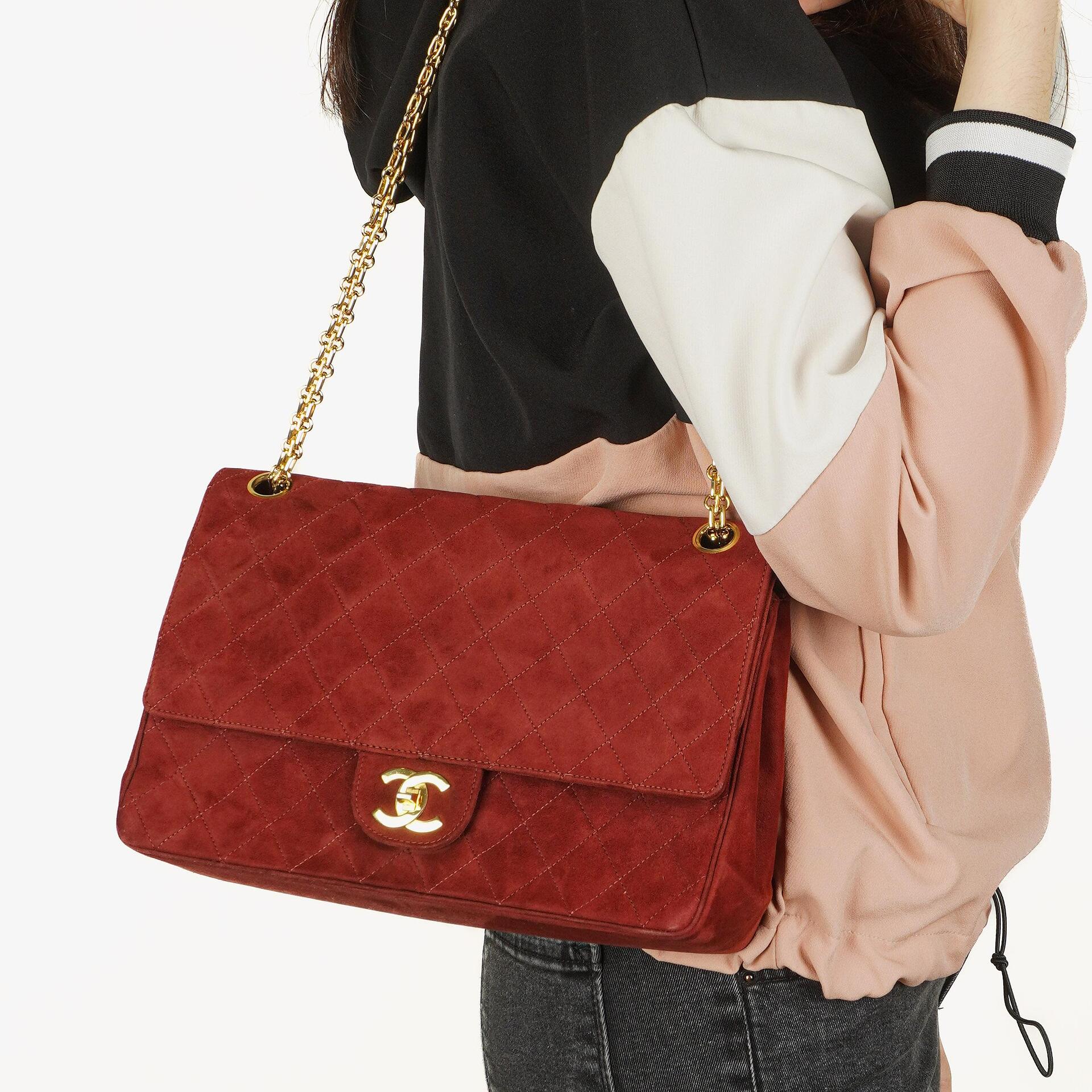Chanel Vintage Medium Timeless Classic Double Flap Bag Suede Burgundy Gold-Toned Hardware And Mademoiselle Chain
