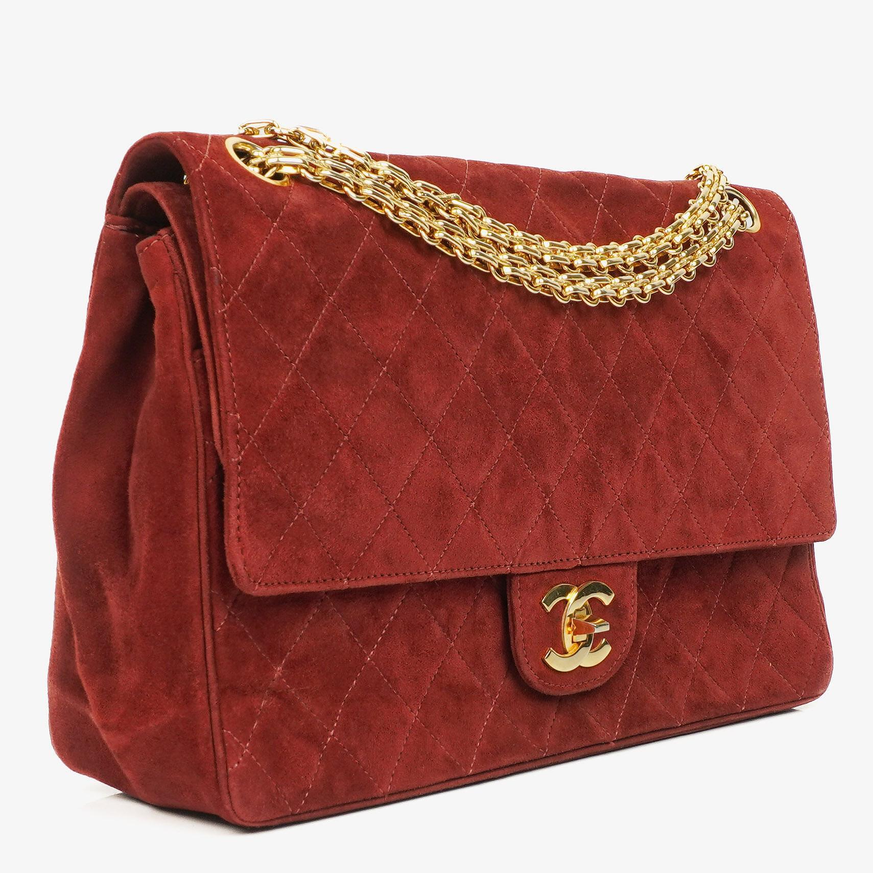 Chanel Vintage Medium Timeless Classic Double Flap Bag Suede Burgundy Gold-Toned Hardware And Mademoiselle Chain