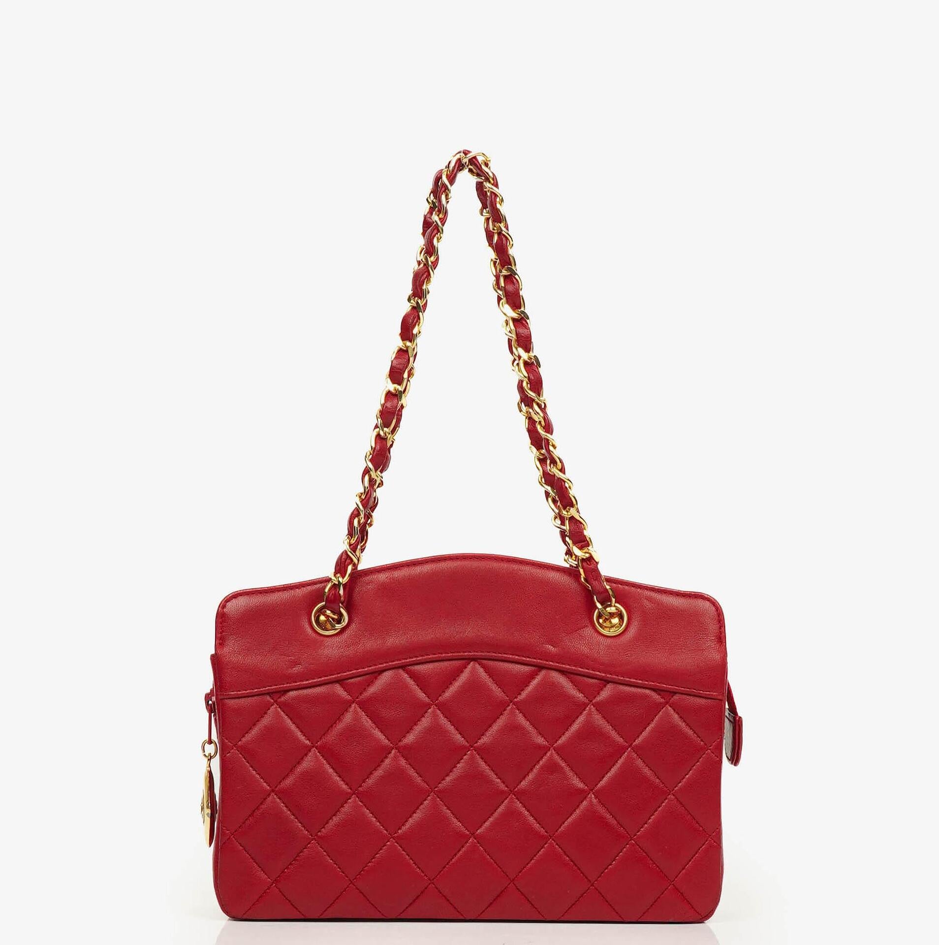 Chanel Vintage Red Quilted Lambskin Mini Chain Tote Bag