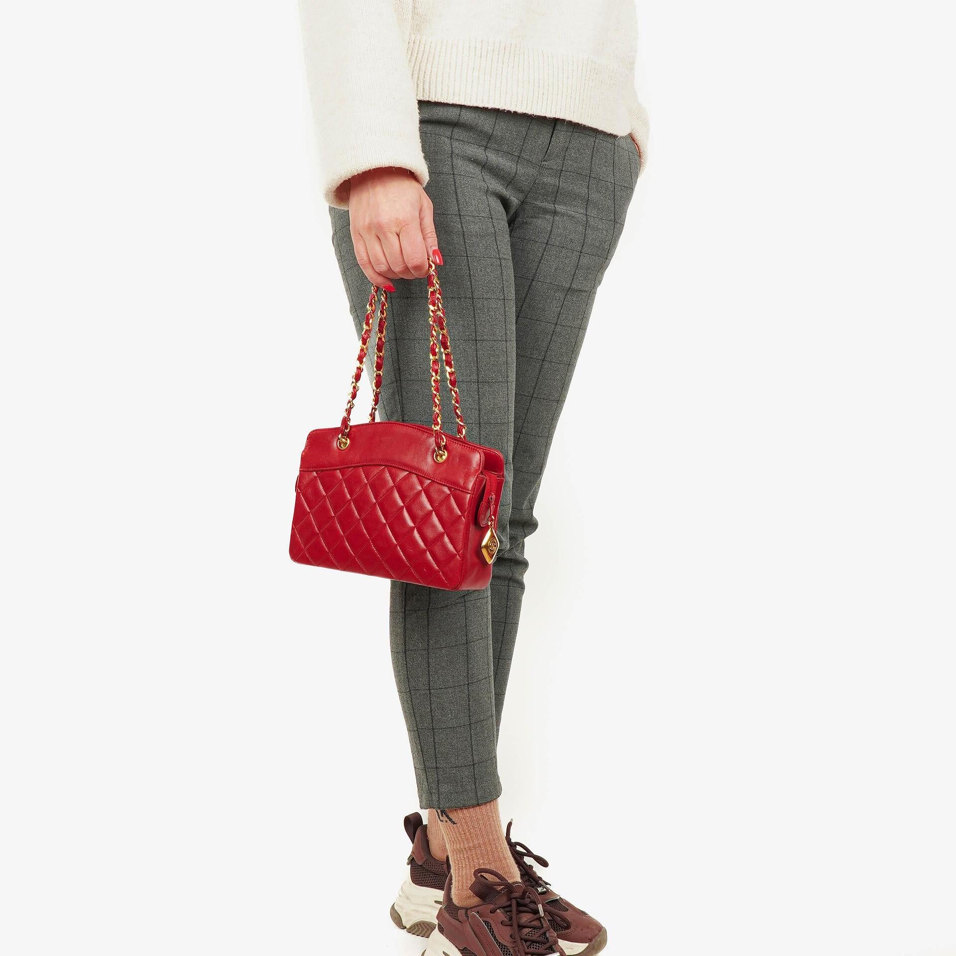 Chanel Vintage Red Quilted Lambskin Mini Chain Tote Bag