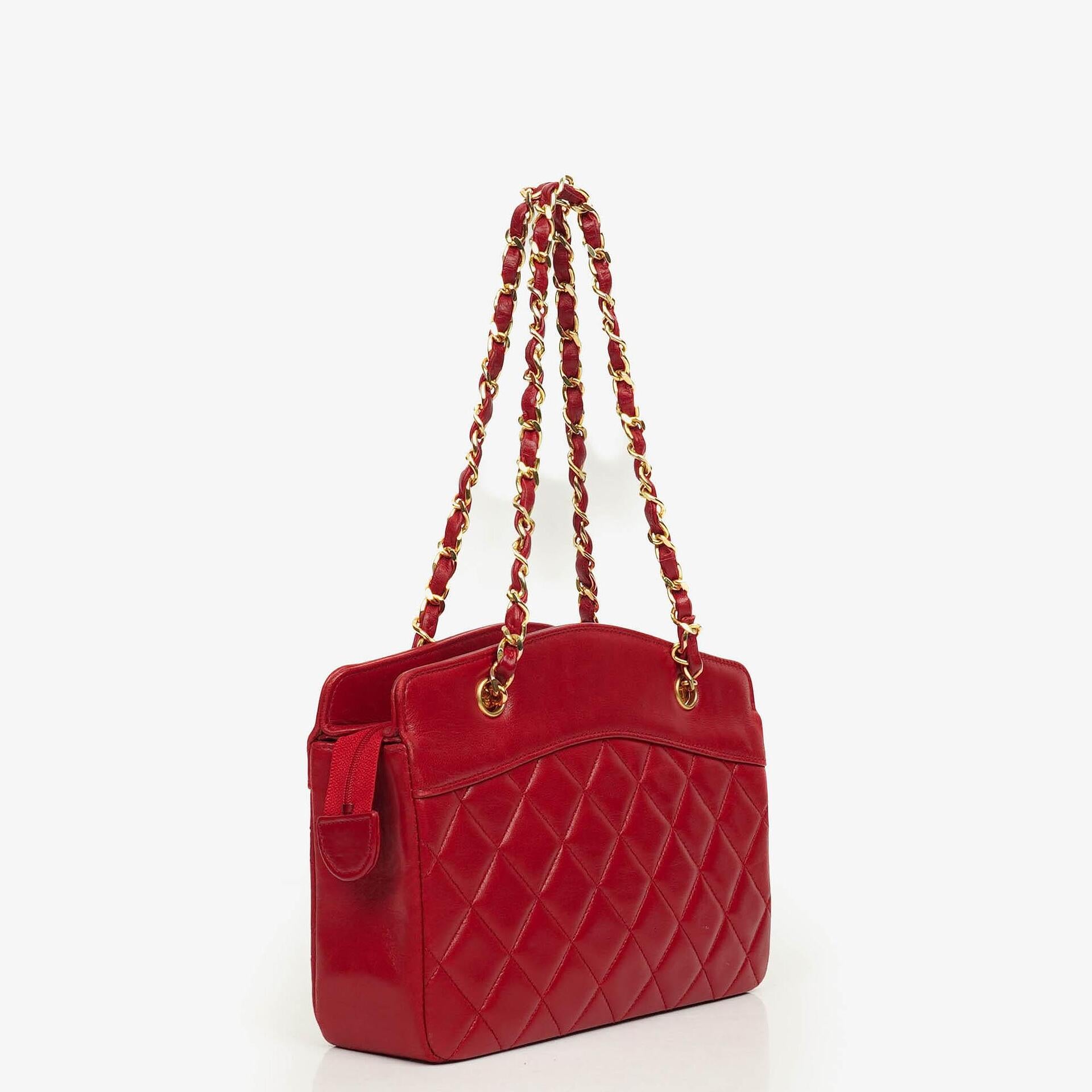 Chanel Vintage Red Quilted Lambskin Mini Chain Tote Bag