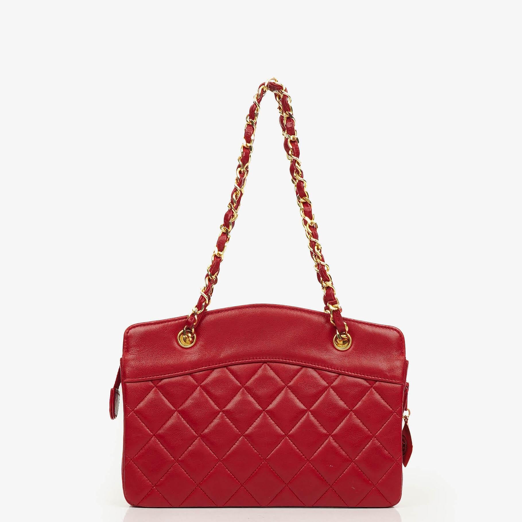 Chanel Vintage Red Quilted Lambskin Mini Chain Tote Bag
