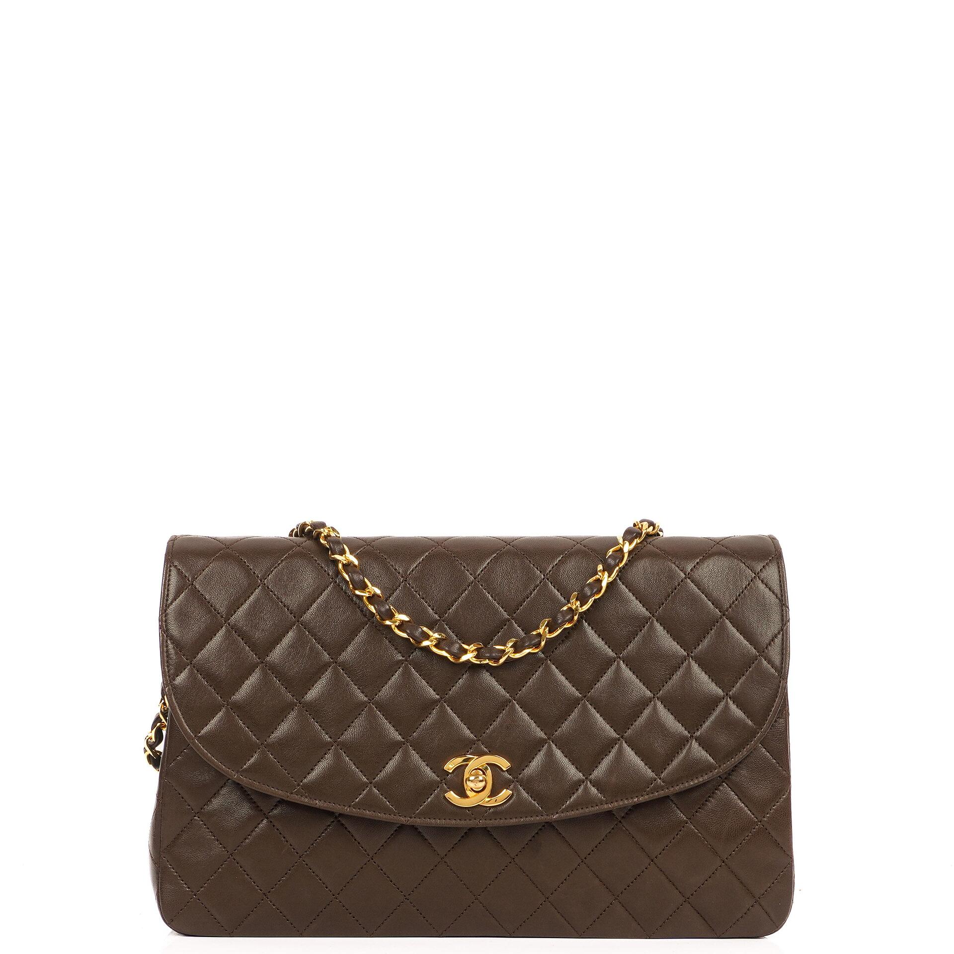 Chanel Vintage Round Flap Bag Brown Quilted Lambskin With 24K Gold-Plated Hardware