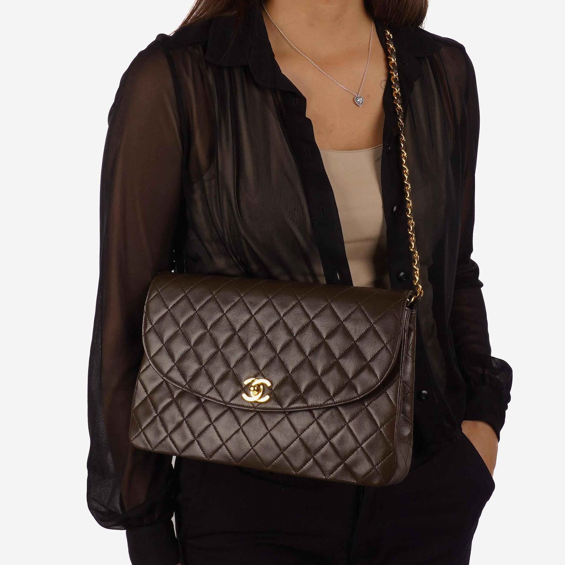 Chanel Vintage Round Flap Bag Brown Quilted Lambskin With 24K Gold-Plated Hardware
