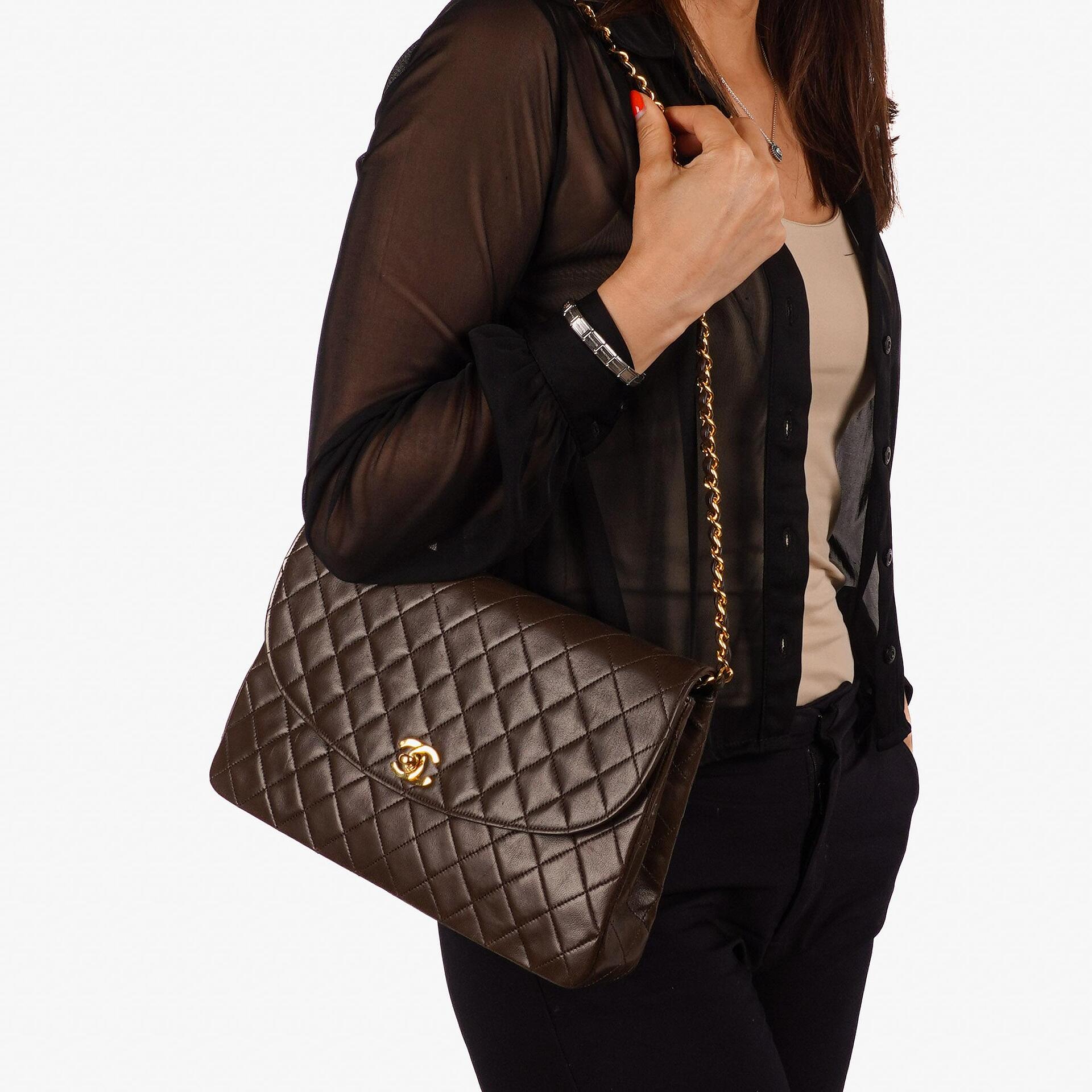 Chanel Vintage Round Flap Bag Brown Quilted Lambskin With 24K Gold-Plated Hardware
