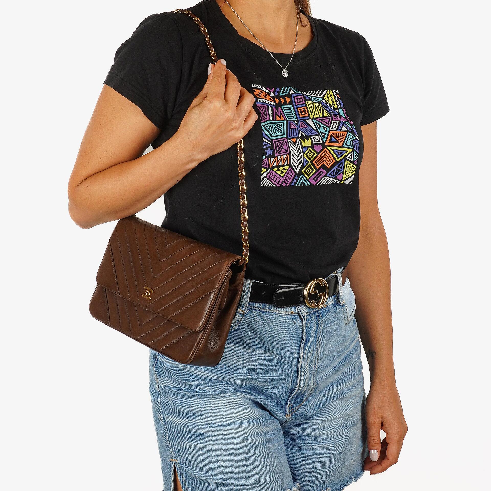 Chanel Medium Classic Single Flap Bag Brown Chevron Quilted Lambskin 24K Gold-Plated Hardware